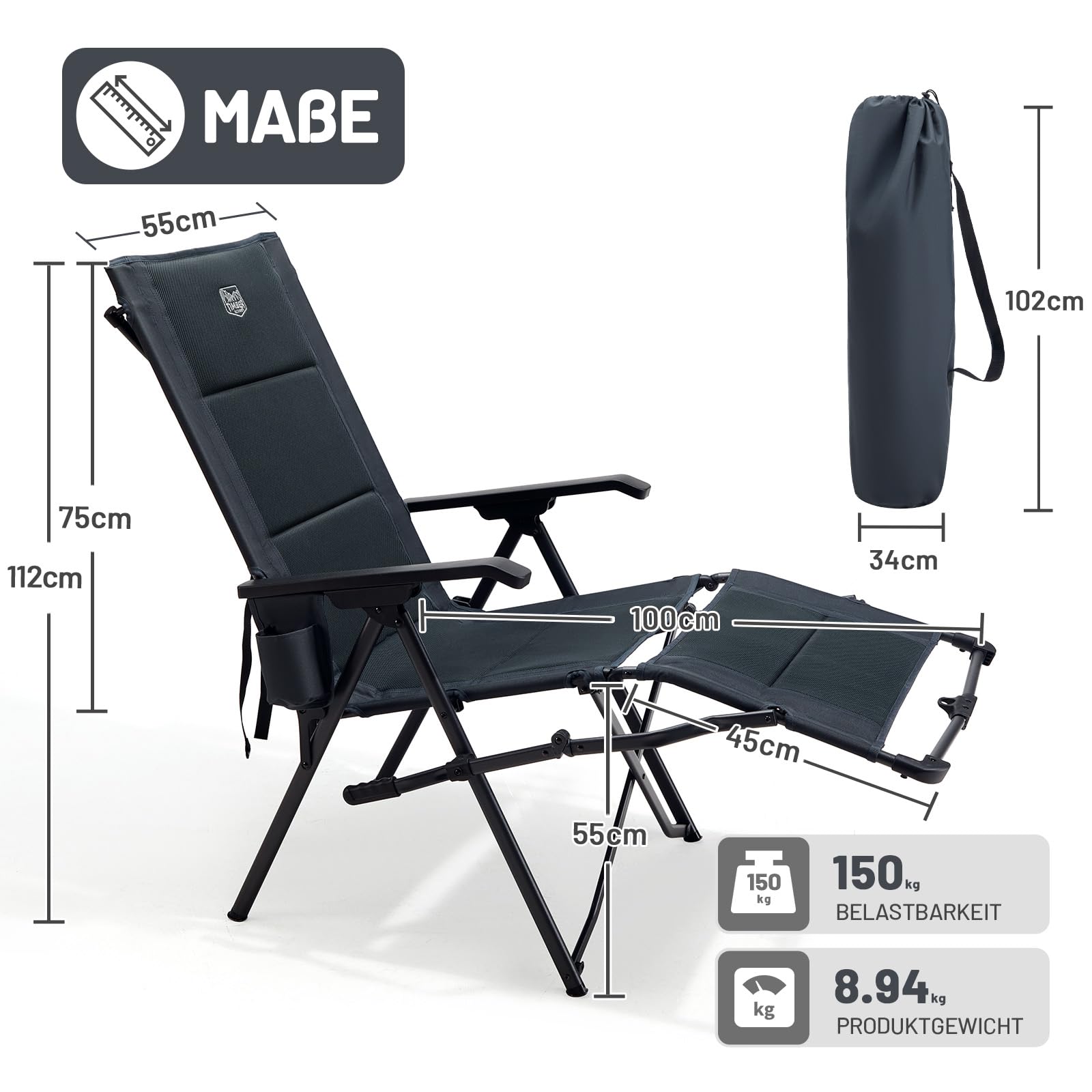 TIMBER RIDGE Faltbarer Campingstuhl mit Fußablage 4-Fach Verstellbarer Rücken Gartenstuhl gepolsterter Sitzfläche 150kg Belastbar Relaxsessel Garten Camping Balkon Wohnmobil