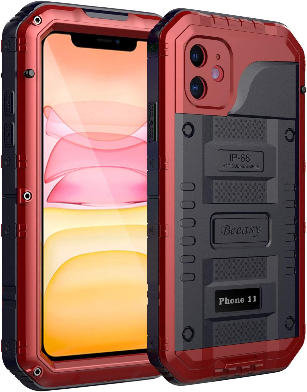 iPhone 11 Case Red, Waterproof Shockproof Tough Heavy Duty, with Built-in Screen Protector 360 Degree Full Body Military Protective, Drop Proof Metal Rugged Cover for Outdoor Sport