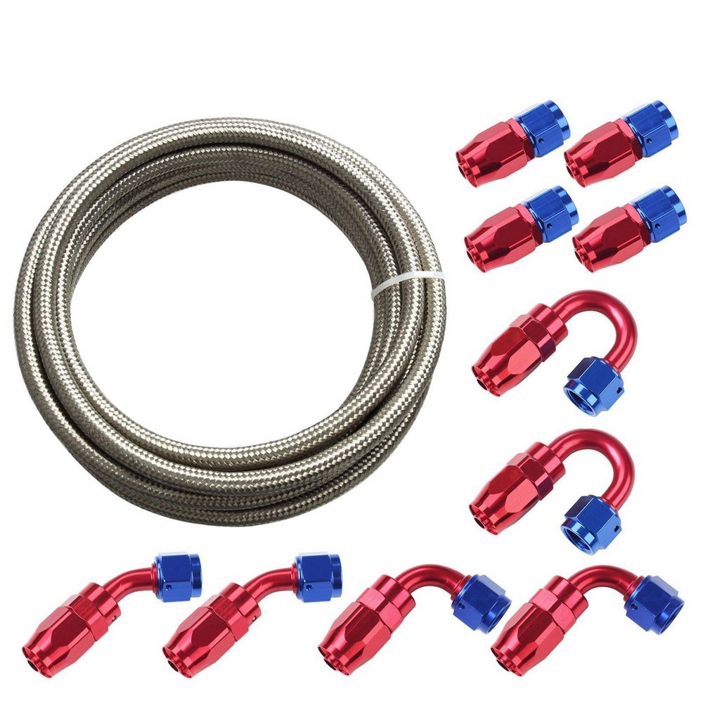 SUNROAD 8AN 20Ft Universal Braided Oil Fuel Line Hose Stainless Steel Nylon with 10PC Swivel Fitting