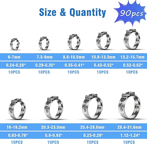 Miniatura 2 de PEROMI 90 abrazaderas de manguera de oreja única con pinzas de oreja, 9 tamaños 0.236-1.126 in 304 Stianless acero Cinch Clamp Rings Surtido Kit