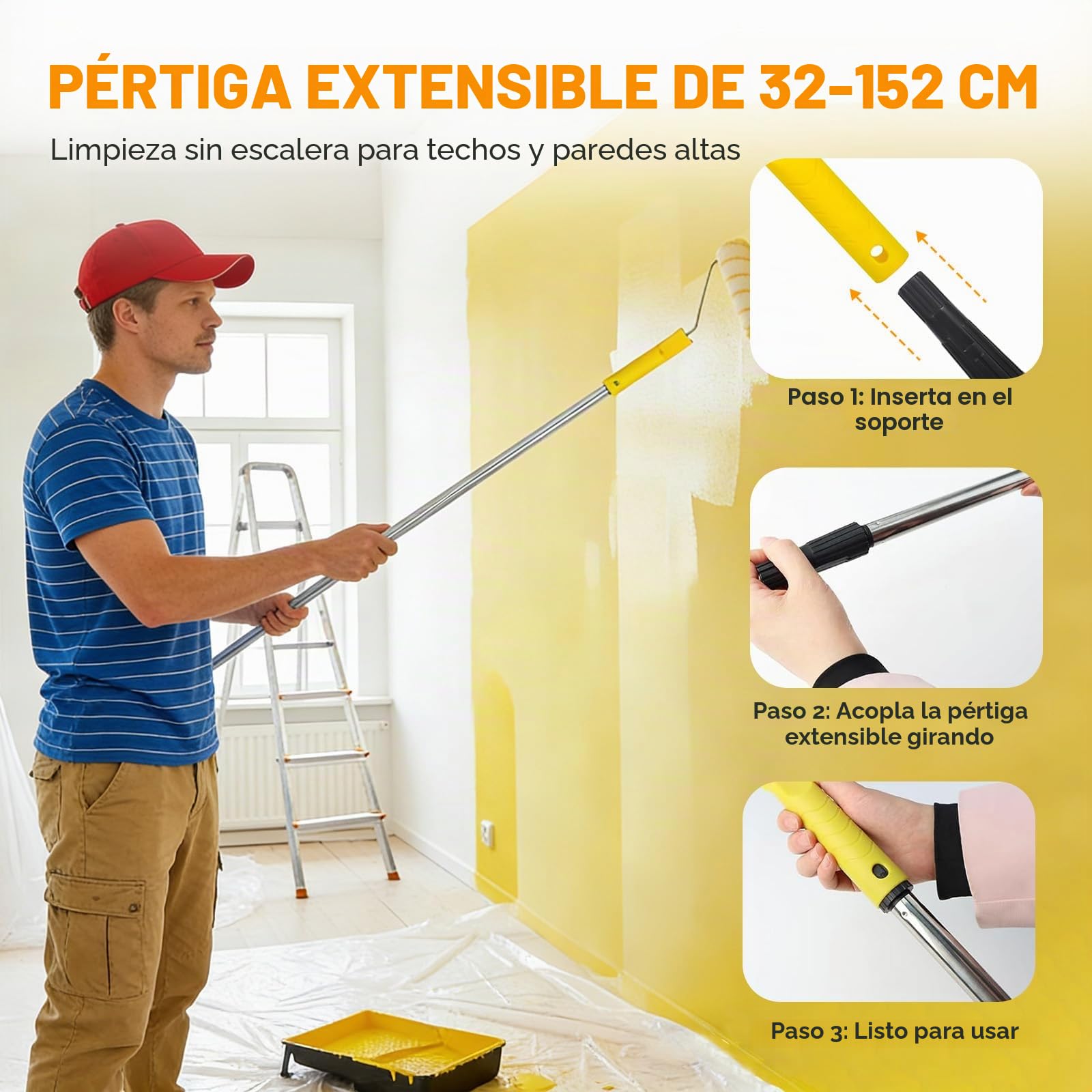 Kit Rodillo Pintura Pared, Rodillo con Accesorios, 3 Piezas Paint Roller 22 cm, Mango Alargado Reforzado 152 cm, Brocha para Paredes, Techo, Brocha Pintor, Cubeta Pintura