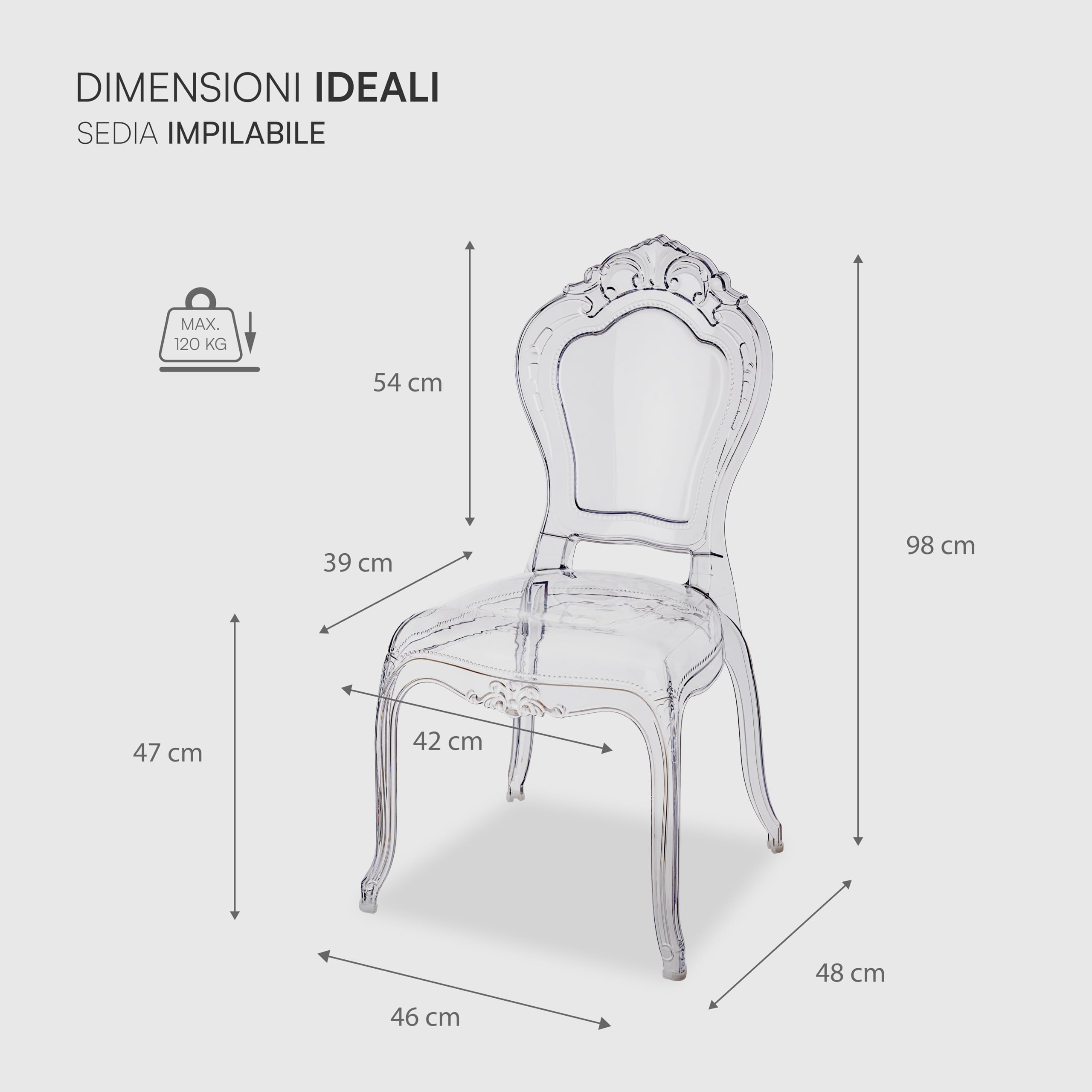Baroni Home Set di 4 Sedie in Policarbonato Trasparente, Seduta Design Elegante Impilabile e Impermeabile da Soggiorno, Sala da Pranzo, Camera da Letto, 48X46X98, Smerli