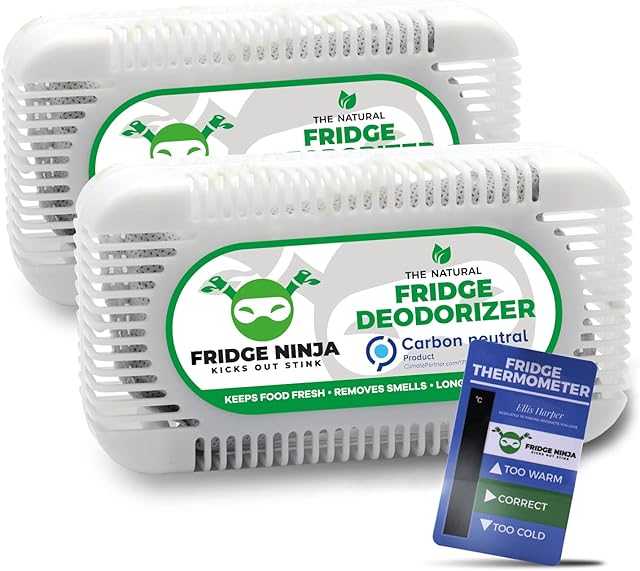 Fridge Ninja Fridge Deodorizer (2 Pack) - More Effective Than Baking Soda - Natural and Unscented Activated Charcoal Refrigerator Deodorizer - Fridge Odor Eliminator for Freezers, Coolers, and Lunch Boxes