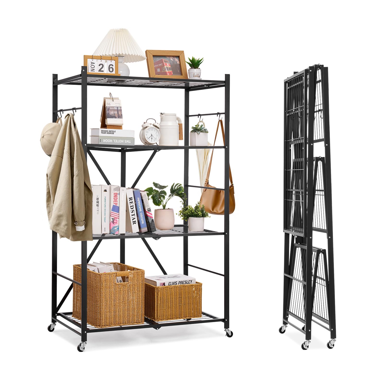 Condition photo showing New/Like New for VEVOR 4-Tier Foldable Storage Shelf, 36W x 21D x 60H Inch Folding Metal Rack Shelving Unit, No Assembly Organizer Shelf with 5 Wheels & 4 Hooks for Pantry, Kitchen, Garage, Basement, Black