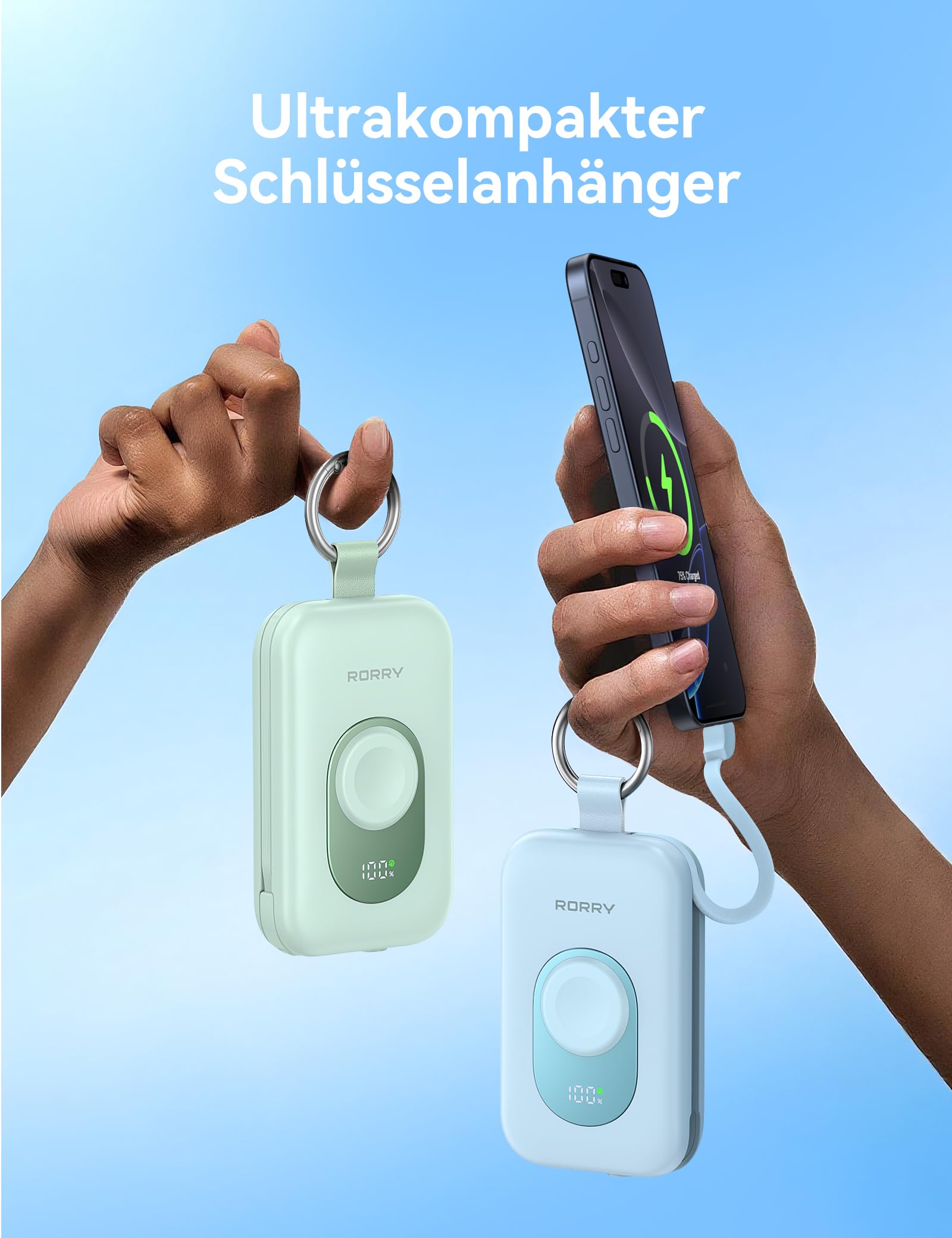 RORRY Powerbank,Power Bank 20000mAh 30W PD Schnellladen,Portable Charger mit 2 Integrierten Kabeln, Externer Handyakku mit Schlüsselanhänger, Reise-Essential für iPhone, Apple Watch, iPad, Grün