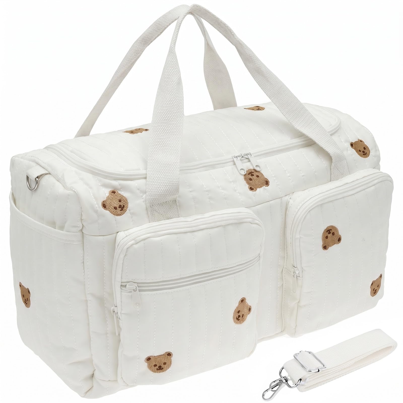 Large Baby Changing Bag,Hospital Maternity Bags with Embroidery Multiple Pocket,Diaper Tote Bag with Shoulder Strap,Cotton Nappy Bags for Hospital Birth, Pram, Hospitalization & Travel (Bear Pattern)