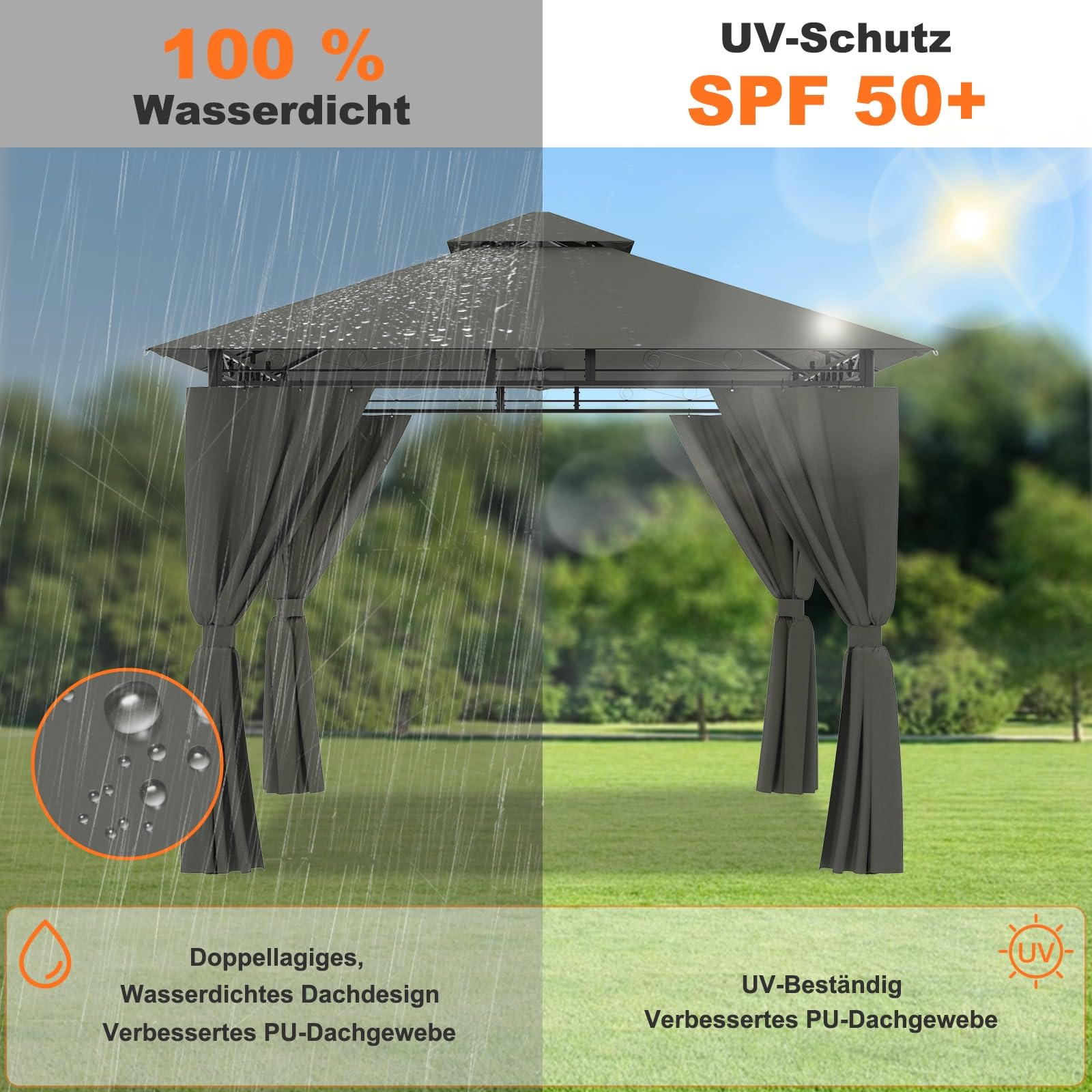 Devoko Garden Pavillon 3x3 Wasserdicht Stabil Winterfest Deluxe Gazebo, UV-Schutz 50+ Doppellagiges Grilpavillons mit seitenwänden für 4-8 Personen, Partyzelt für Freizeit, Partys,Grau