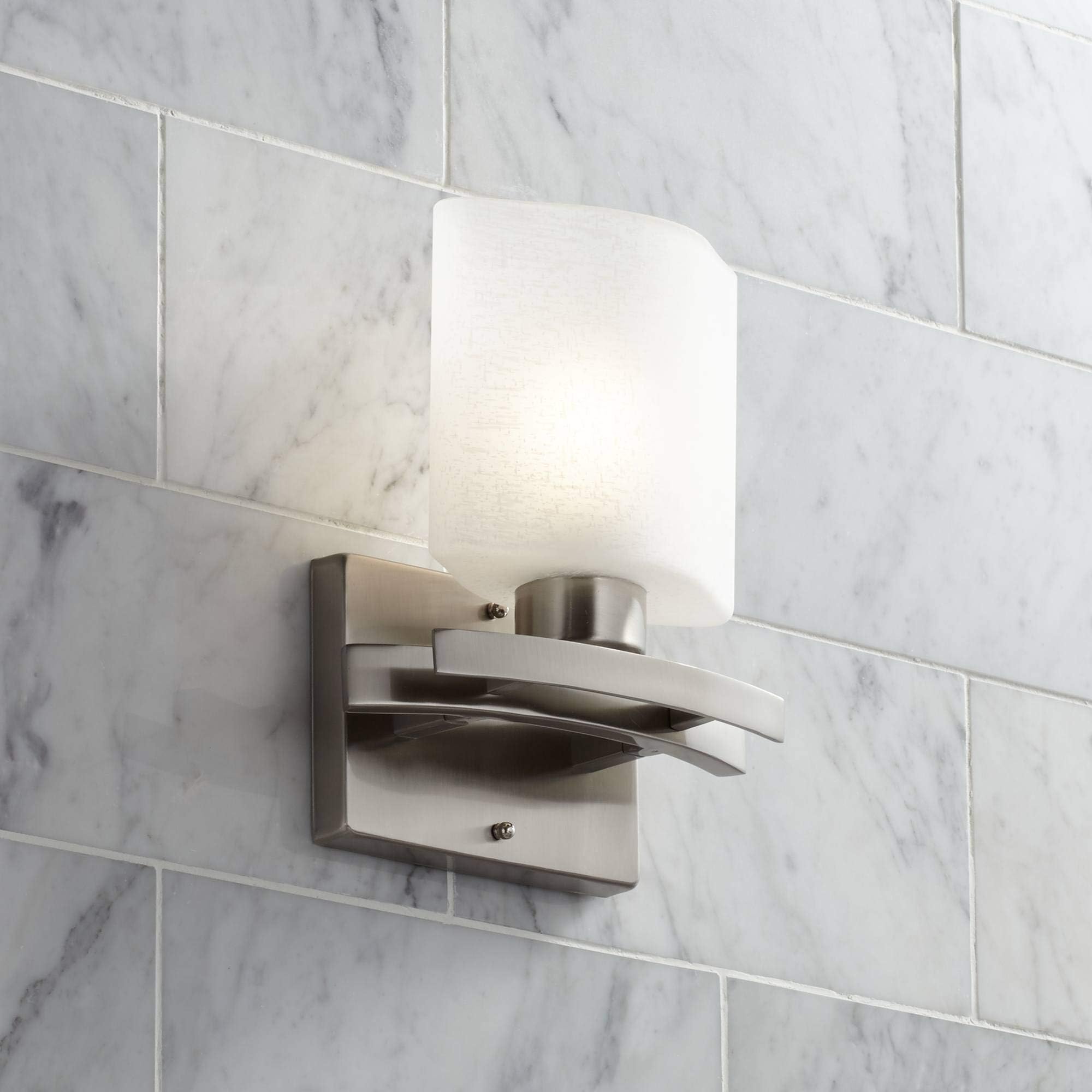 Modern Wall Sconce Lighting Brushed Nickel Silver Metal Hardwired 9 1/2" High Fixture White Linen Glass for Bedroom Bedside Living Room Home Hallway Dining Kitchen