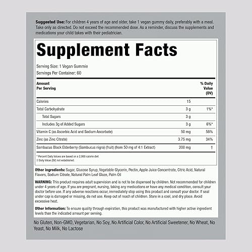 Miniatura 2 de Piping Rock Gomitas de saúco para niños, 60 unidades, con vitamina C y zinc, vitaminas con sabor a bayas, vegano, sin OMG, suplemento sin gluten