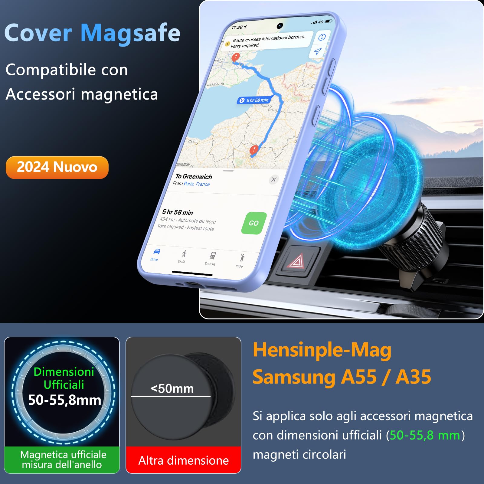 Hensinple Magnetica Cover Compatibile con Samsung A55/ A35 5G con Vetro Temperato, Custodia Antiurto Sottile Trasparente Posteriore Graffi Paraurti TPU Bumper Case -Azzurro