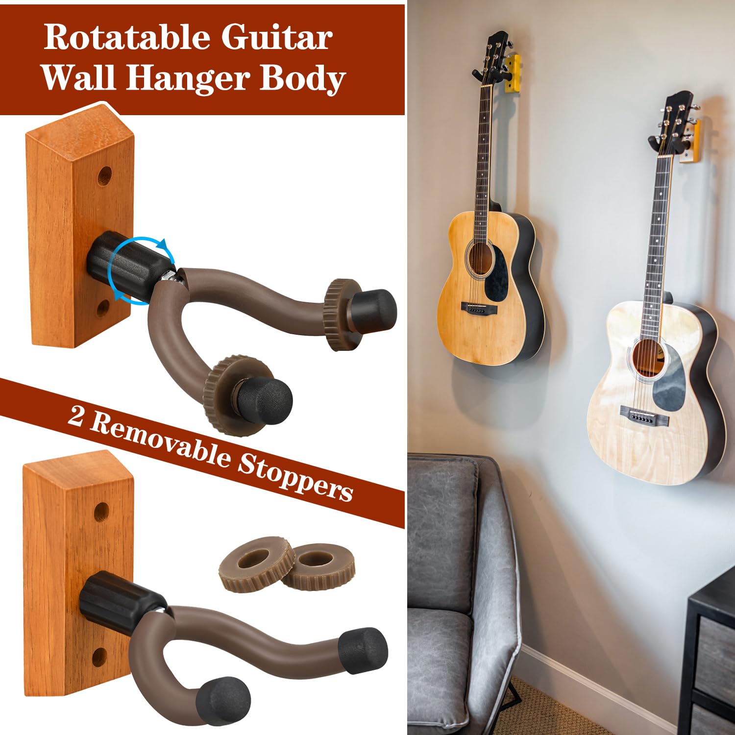DkOvn Colgador de pared para guitarra, paquete de 8 soportes de pared para guitarra, soporte de pared de madera dura en forma de V con tornillos, para guitarra acústica, guitarra eléctrica, banjo