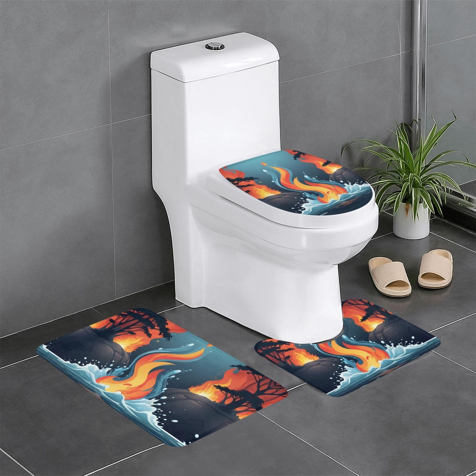 Tapis de salle de bain imprimés eau et feu lot de 3 pièces 61x40