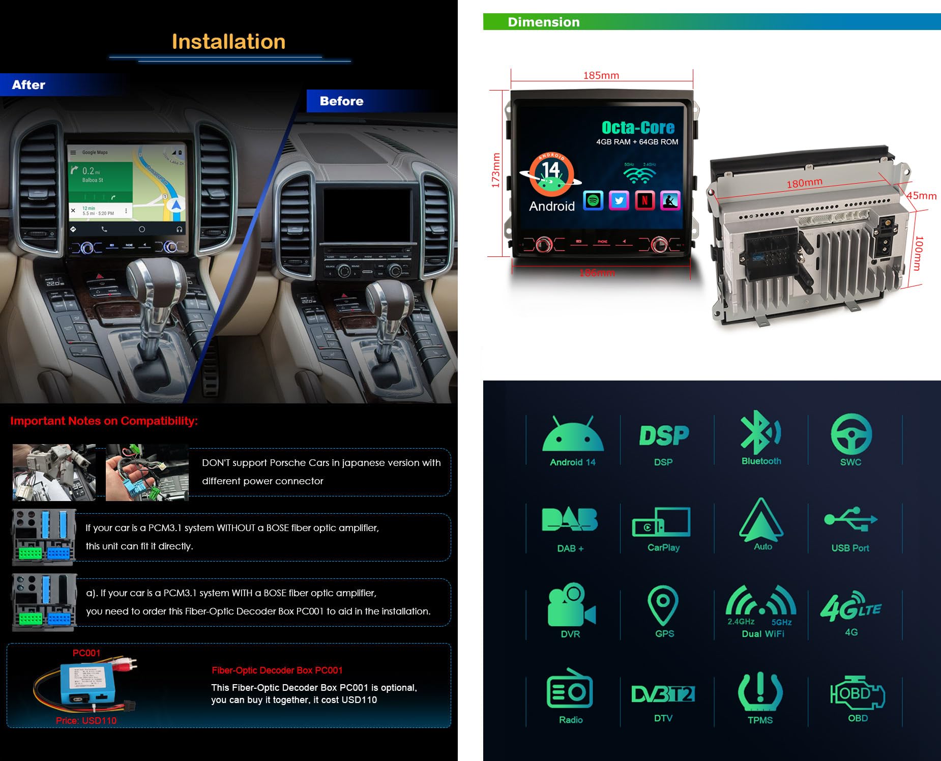 Erisin 8-Core Android 14 GPS Navigatore Bluetooth 5.0 Autoradio per Porsche Cayenne 2010-2017, 8.4 Pollici Touch Screen Supporta Wireless CarPlay Android Auto DAB+ WiFi RDS OBD2 4GB RAM+64GB ROM