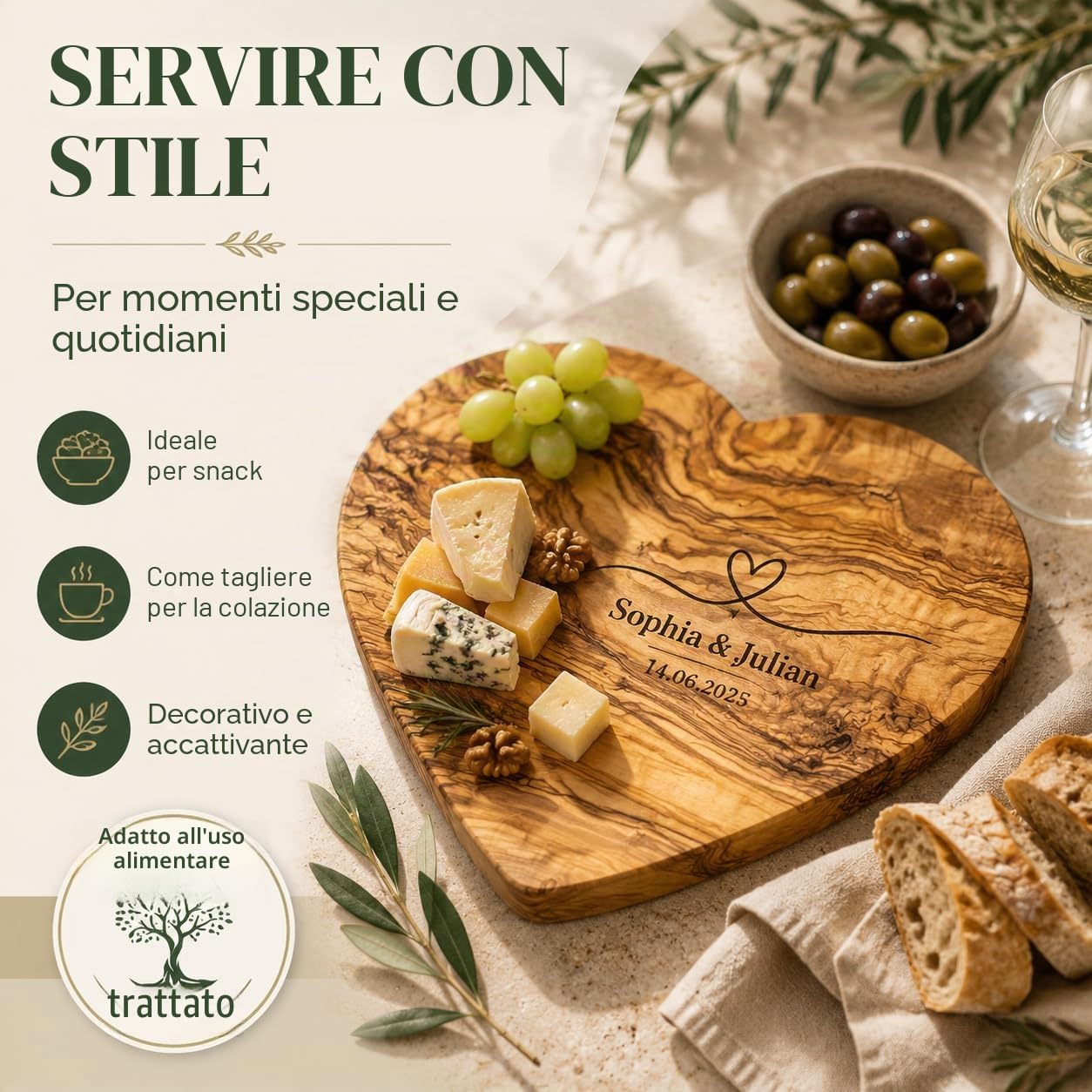 Tagliere personalizzato a forma di cuore, in legno d'ulivo rustico, con incisione come regalo personalizzato per matrimonio