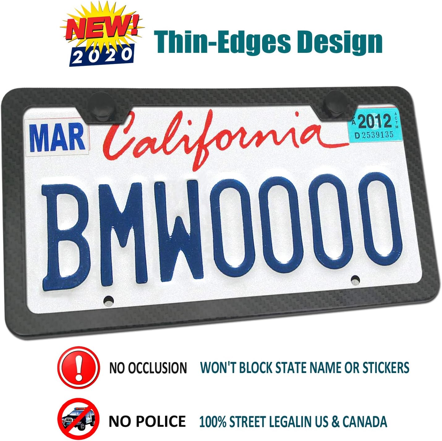 Aootf License Plate Frames Carbon Fiber- 2 Pack Black Aluminum Metal License Plate Holders Printing Carbon Fiber Pattern, 2 Hole License Plate Frame Kits, Fine Size Plate Frames for Women & Men