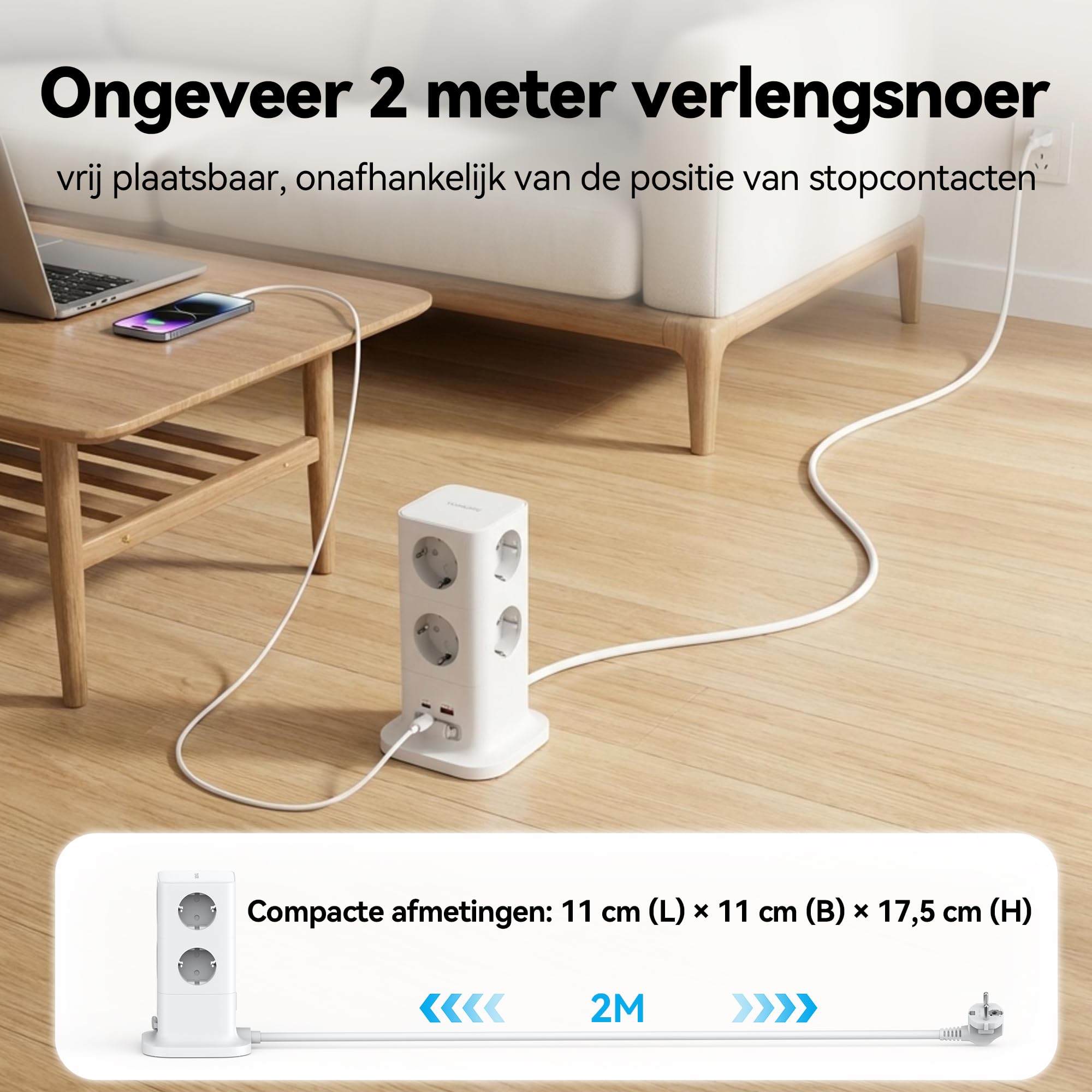 TOPADRE Tipo Torre con Carga rápida de 65 W y Cable retráctil de 70 cm. Regleta multifunción 11 en 1 con protección contra sobretensiones, Interruptor y Cable.