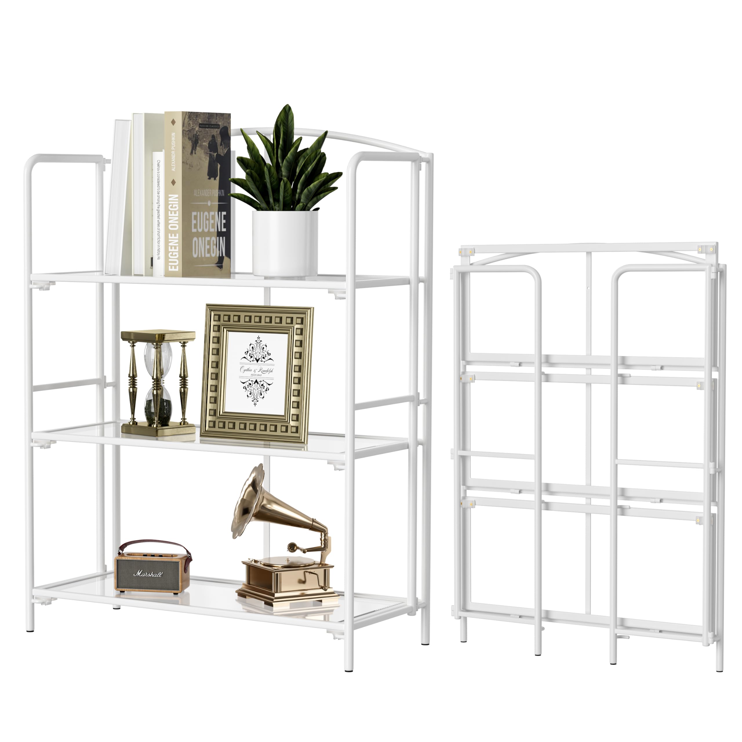 Crofy No Assembly Folding Bookshelf for Living Room, 3 Tier White Collapsible Book Shelf for Home Office, Portable Bookcase Storage Organizer