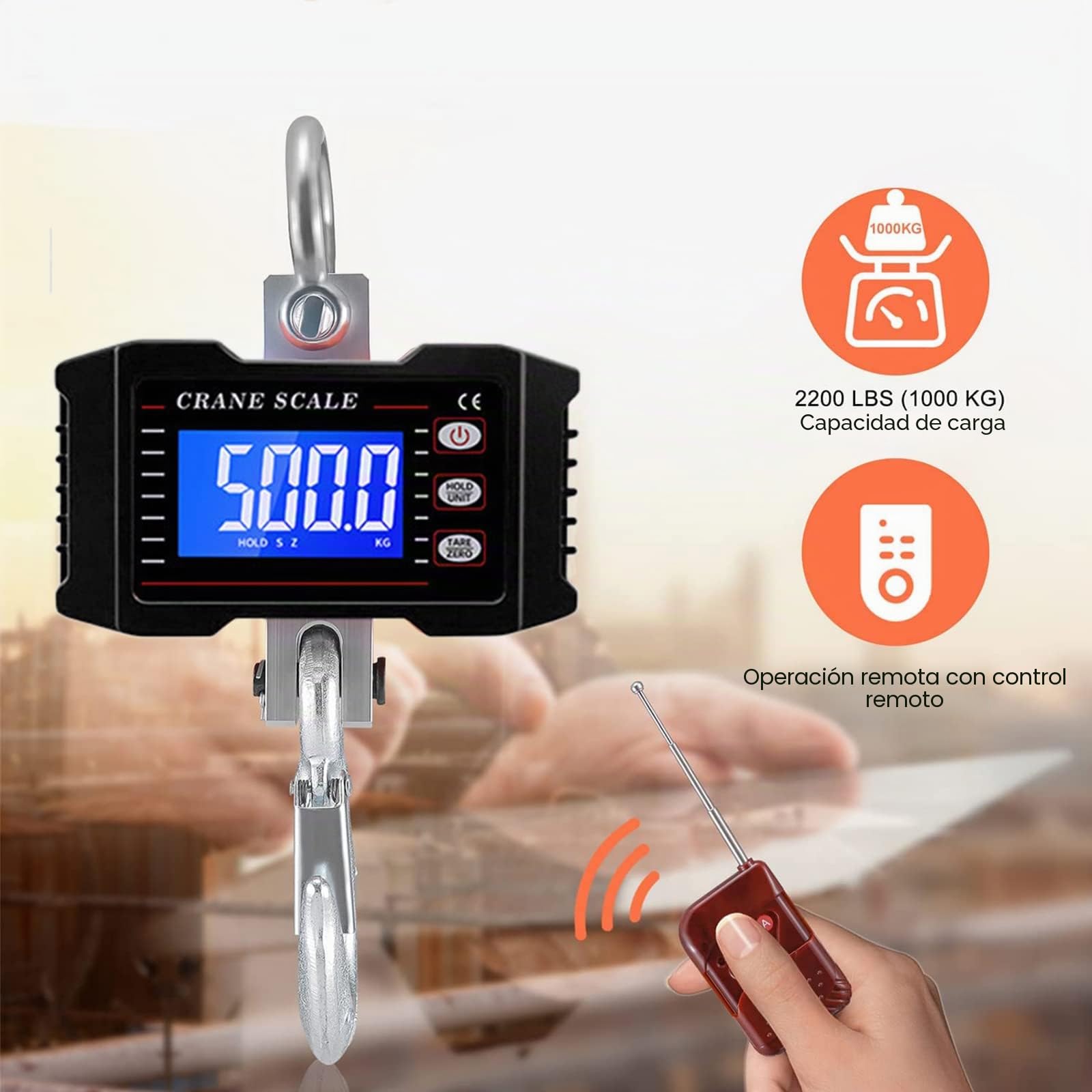 Báscula de grúa Electrónica 1000KG, Memows Báscula Colgante Portátil con Pantalla LCD y Control Remoto, Recargable Balanza Digital de Alta Precisión,Industrial Escala con Gancho Resistente para granja