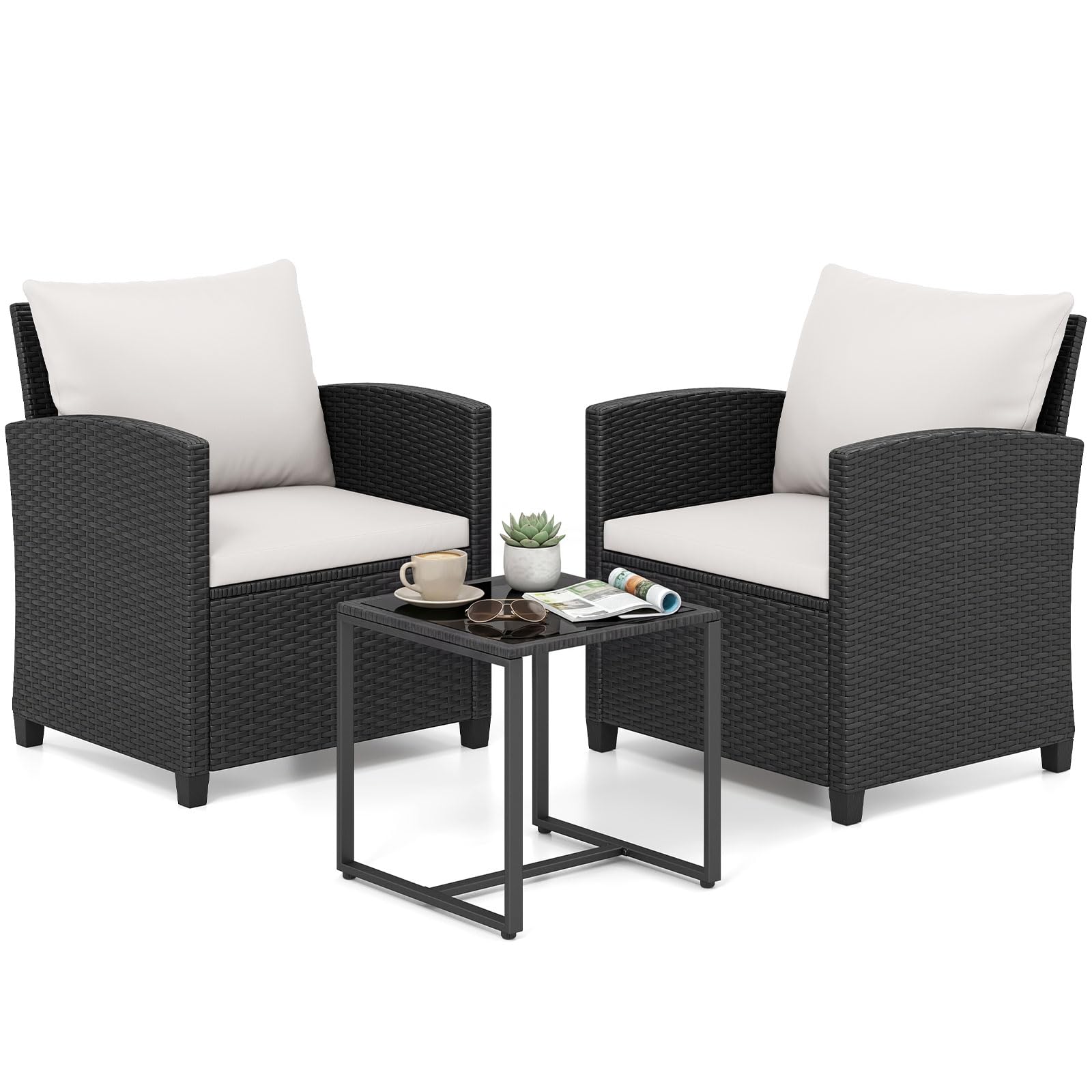 COSTWAY Conjunto Mesa y Sillas Jardin de 3 Piezas, Conjunto de Conversación de Ratán PE con 2 Sillas,Mesa Auxiliar de Vidrio Templado y Cojines con Funda Desmontable para Terraza Patio (Negro+Beige)
