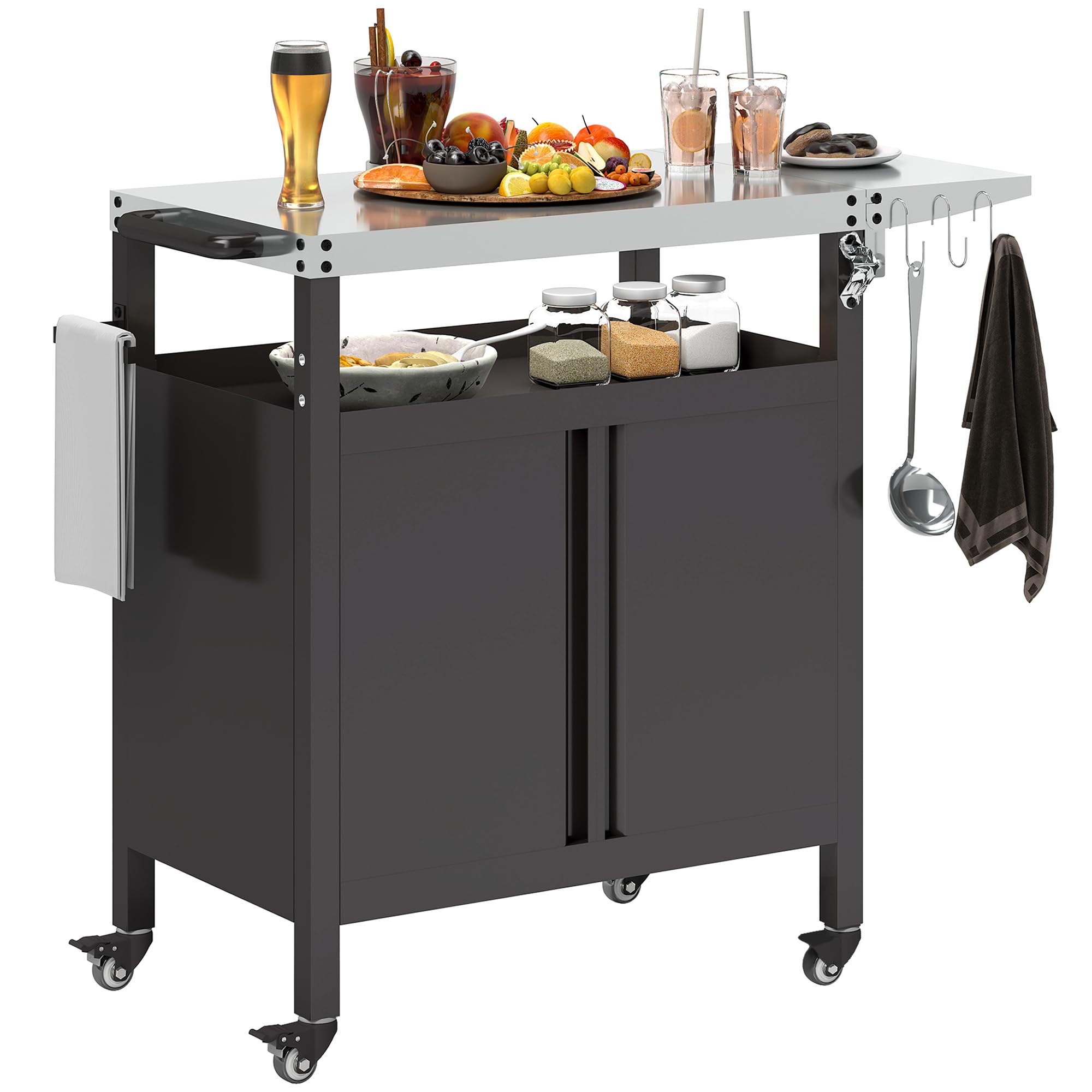 Outsunny Chariot de Barbecue avec Tablette Pliable, desserte pour Plancha en Acier Inoxydable, roulettes, 116 x 50 x 93 cm, Noir