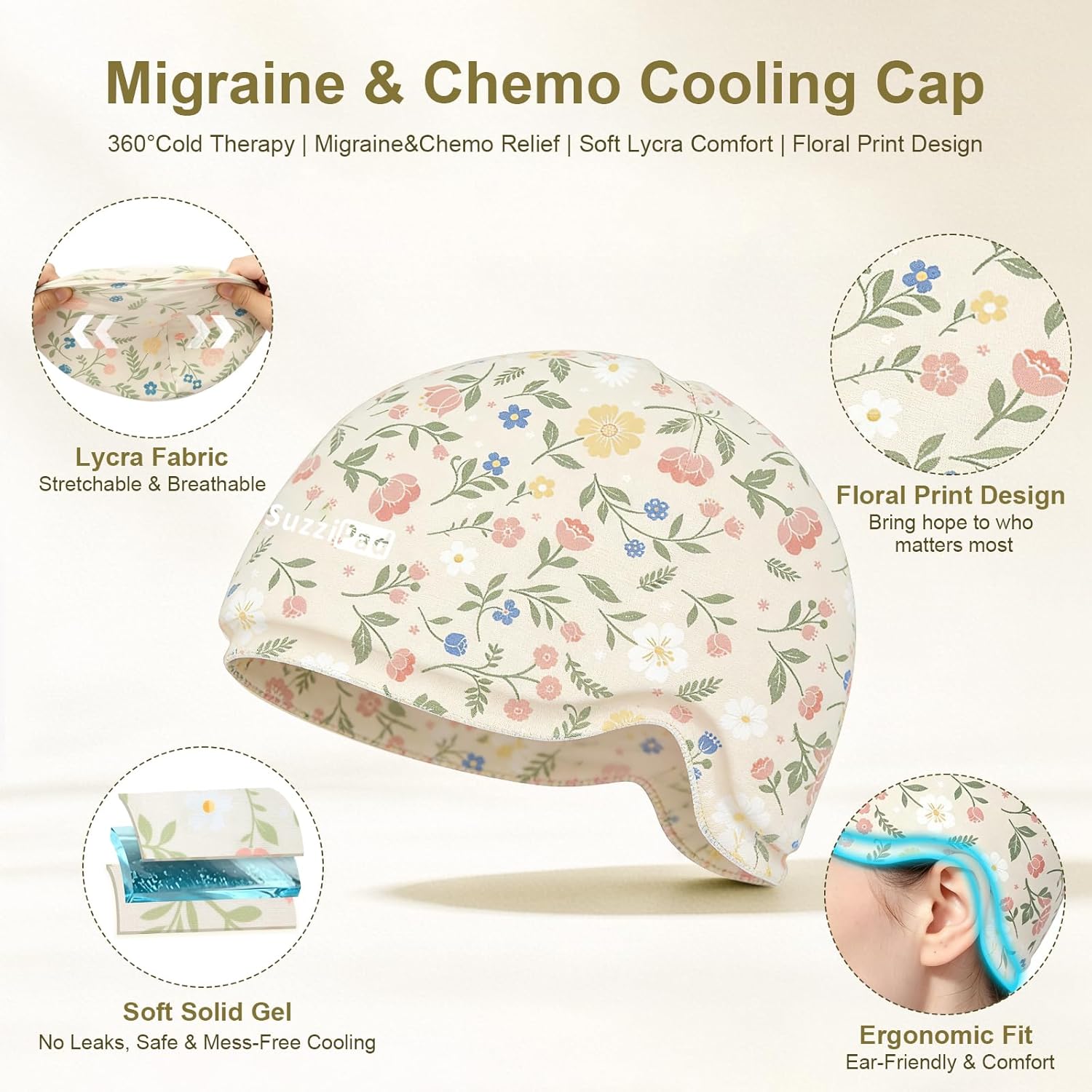 SuzziPad Cooling Cap for Chemo & Migraine, Reusable Soft Solid Gel for 360° Cold Therapy, Chemo Must Have for Women for Head Discomfort Relief, Ditsy Floral Print, Beige
