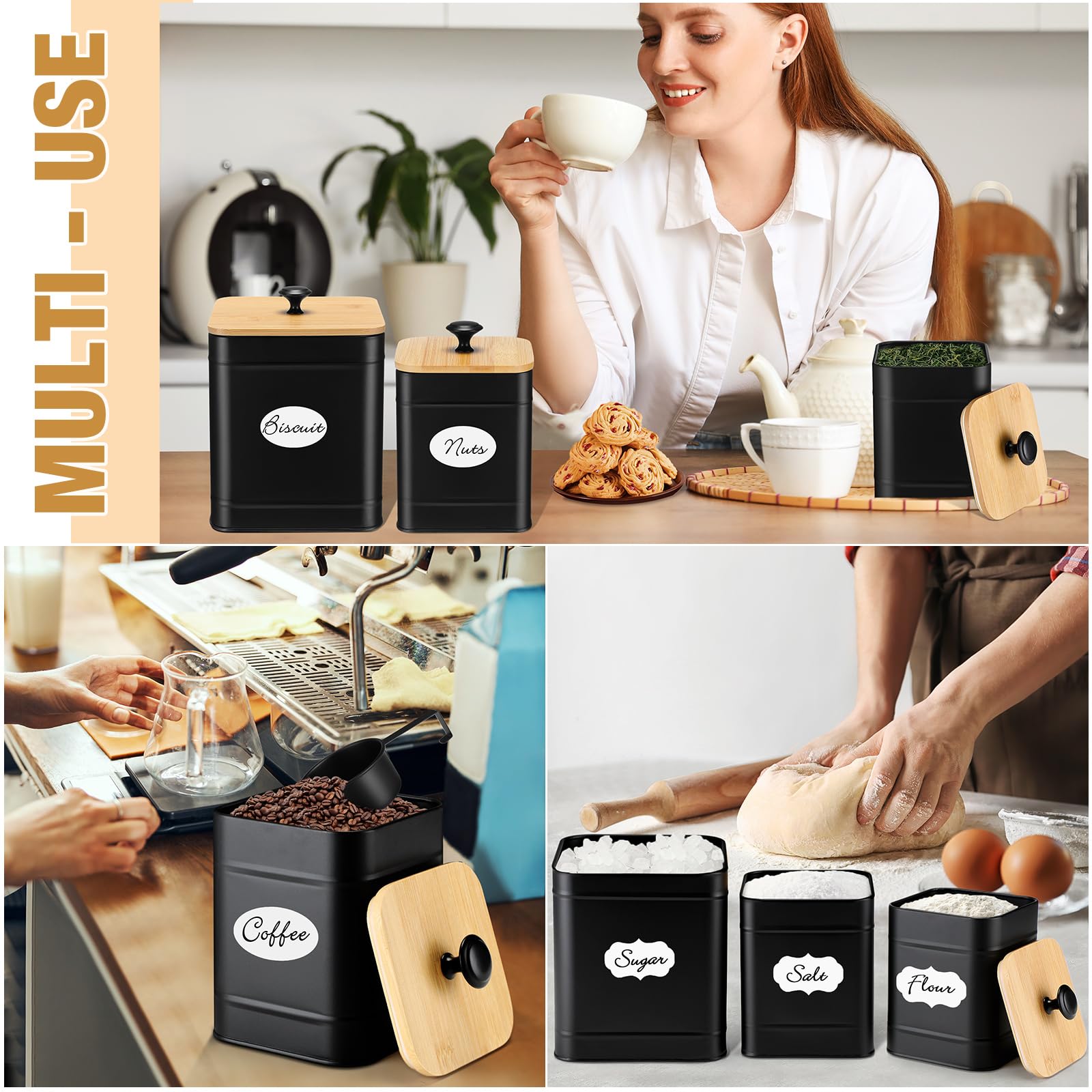Tioncy 3 barattoli da cucina in metallo con coperchio in bambù, cucchiaio, ermetici, ad alta capacità, per caffè, tè, zucchero, farina, con etichette fai da te, contenitori extra large (nero)