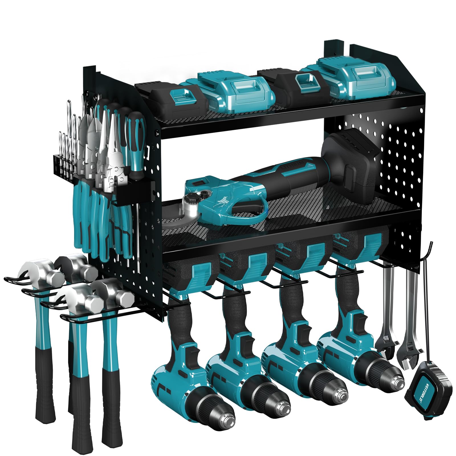 CCCEI Carrello organizer per utensili elettrici mobili con stazione di ricarica, garage rotolamento 6 trapani per forare su ruote, con cestino, ripiani mobili, ganci, scatola accessori, striscia di