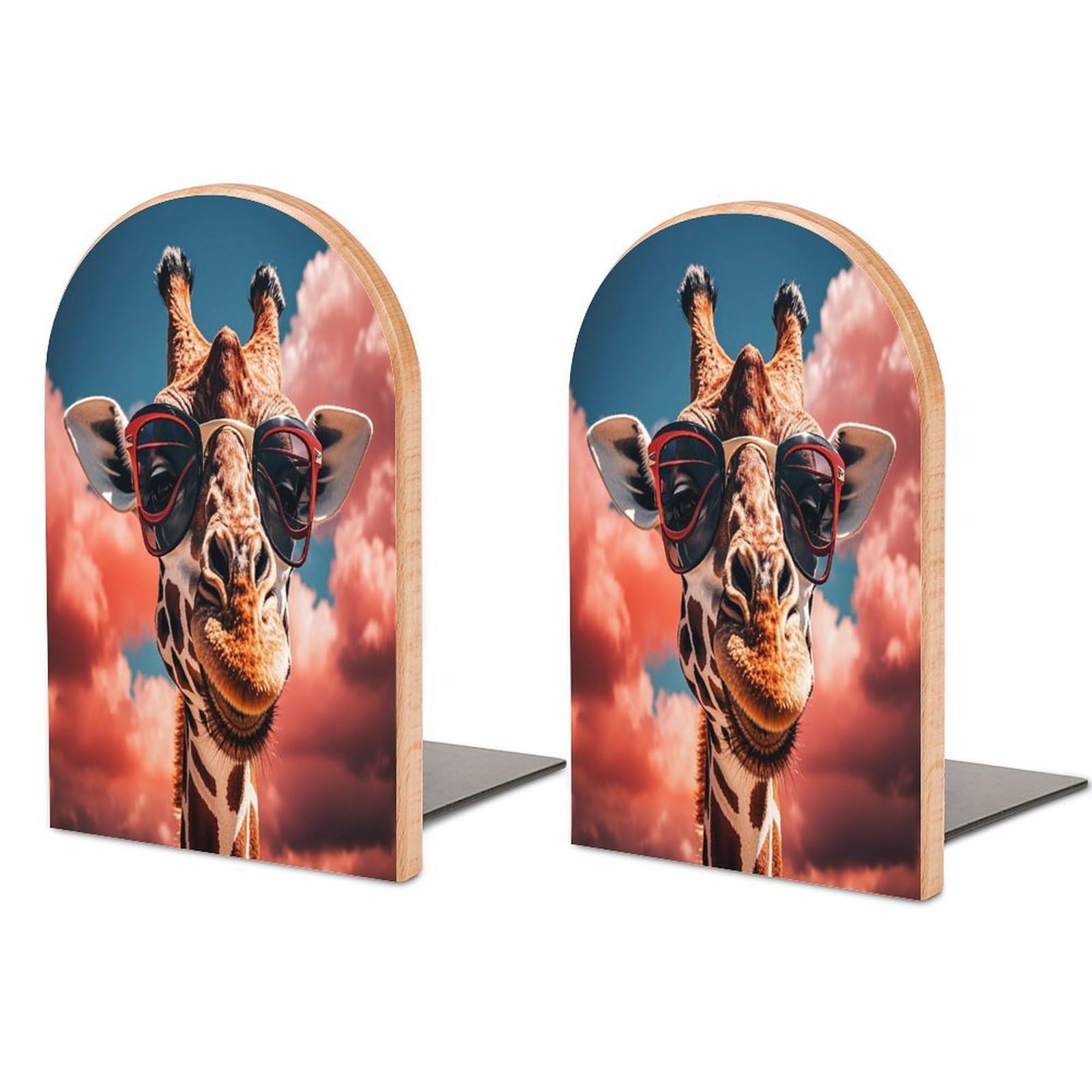 Giraffe Wearing Sunglasses Bookend Non-Skid Wooden Bookends for Shelves Heavy Duty Wood Book Ends Decorative Book Stopper Book Stand Non-Slip Book Organizer for Home Office Library