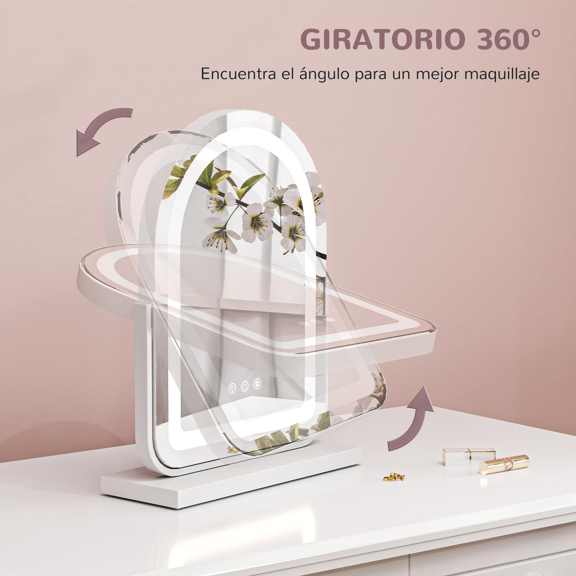 HOMCOM Espejo Maquillaje con Luz LED Espejo Tocador Giratorio con 3 Modos de Iluminación Ajustables Interruptor Táctil Rotación Regulable de 360° y Función de Memoria Blanco