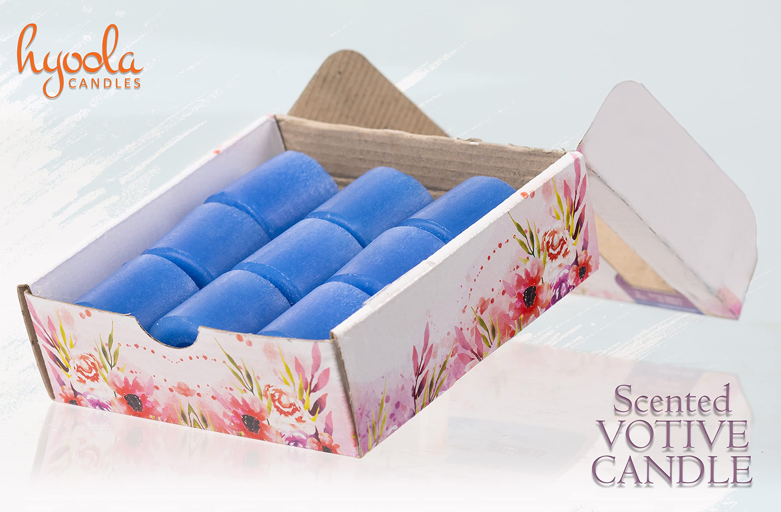 Hyoola Velas Votivas con Perfume - Velas Perfumadas con Aroma a Bienestar - Azul Claro - 12 Horas de Combustión - Pack de 9 Velas Aromáticas - Hechas en Europa