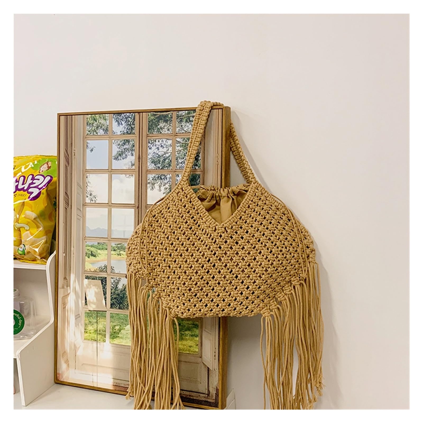 bolso mujer verano Bolso de playa for mujer estilo bohemio con borlas tejidas y hombro diseño calado