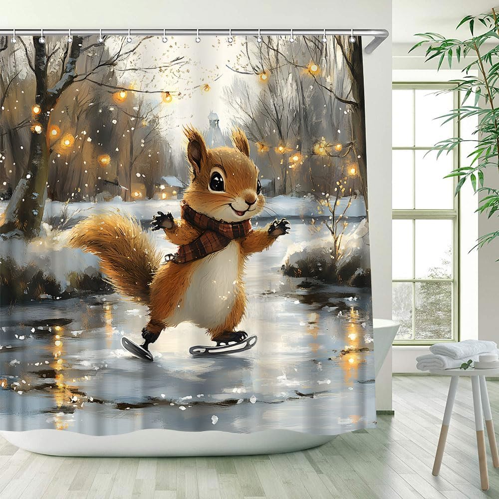 Winter Squirrel Shower Curtain Funny Animal Skating in Lake Snowy Forest Merry Christmas Xmas Scenery Rustic Rural Nature Bathroom Decor Polyester Fabric Curtains with Hook 70Wx80H Inches