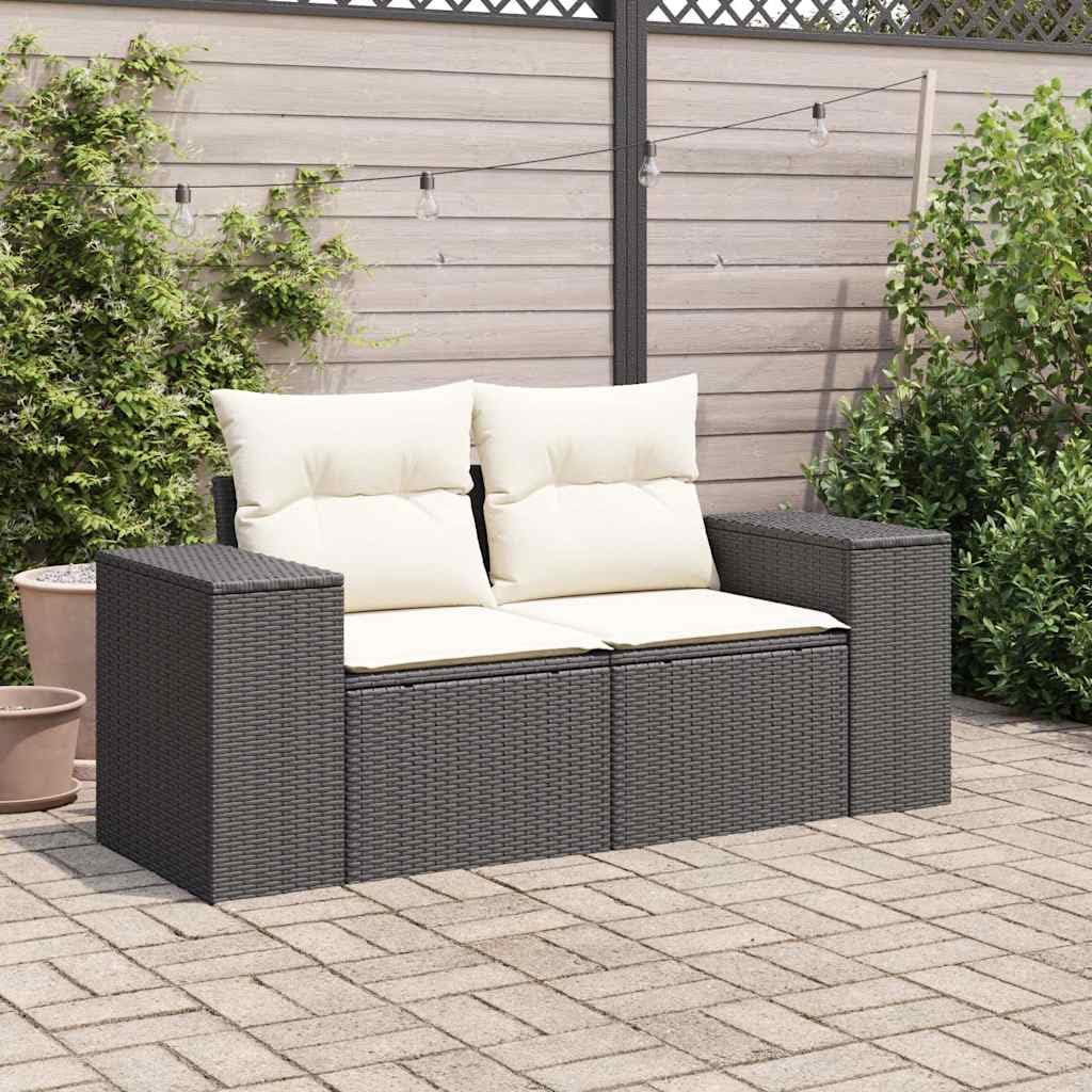 Divano da Giardino a 2 Posti Nero in Polyrattan con Cuscini Sfoderabili Lavabili, Set Salotto Modulare da Esterno Resistente UV, 186x62x69 cm per Terrazza Balcone con Rivestimenti Rimovibili