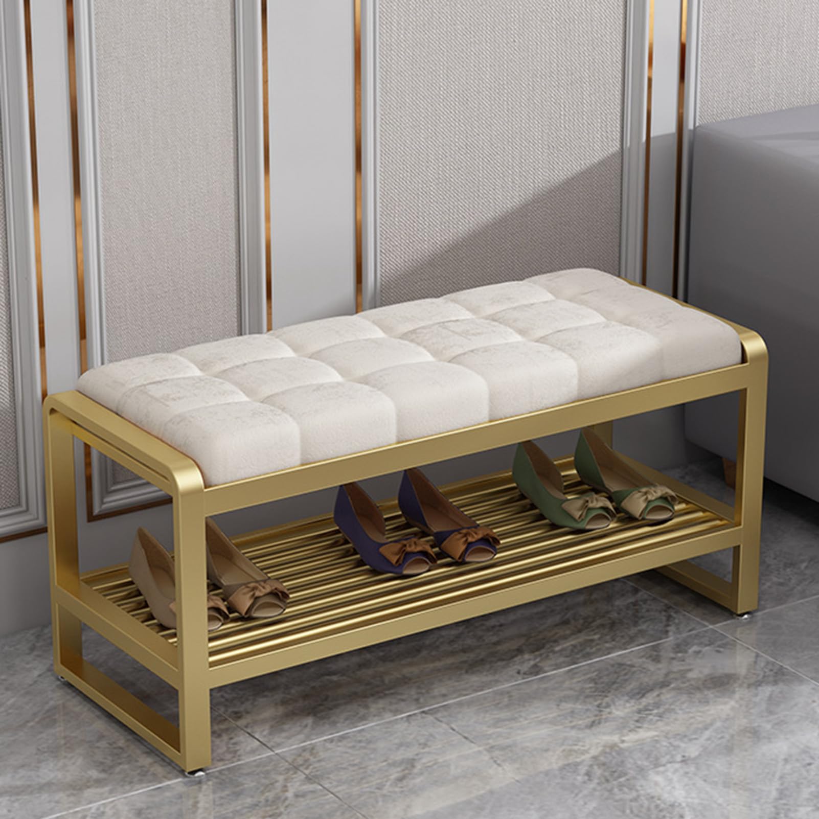 Banco de Madera con Almacenamiento y cojín para Entrada Zapatero de Dos Niveles para Sala de Estar Elegante Mueble de Pasillo Asiento Funcional para Entrada (60 x 35 x 45 cm)