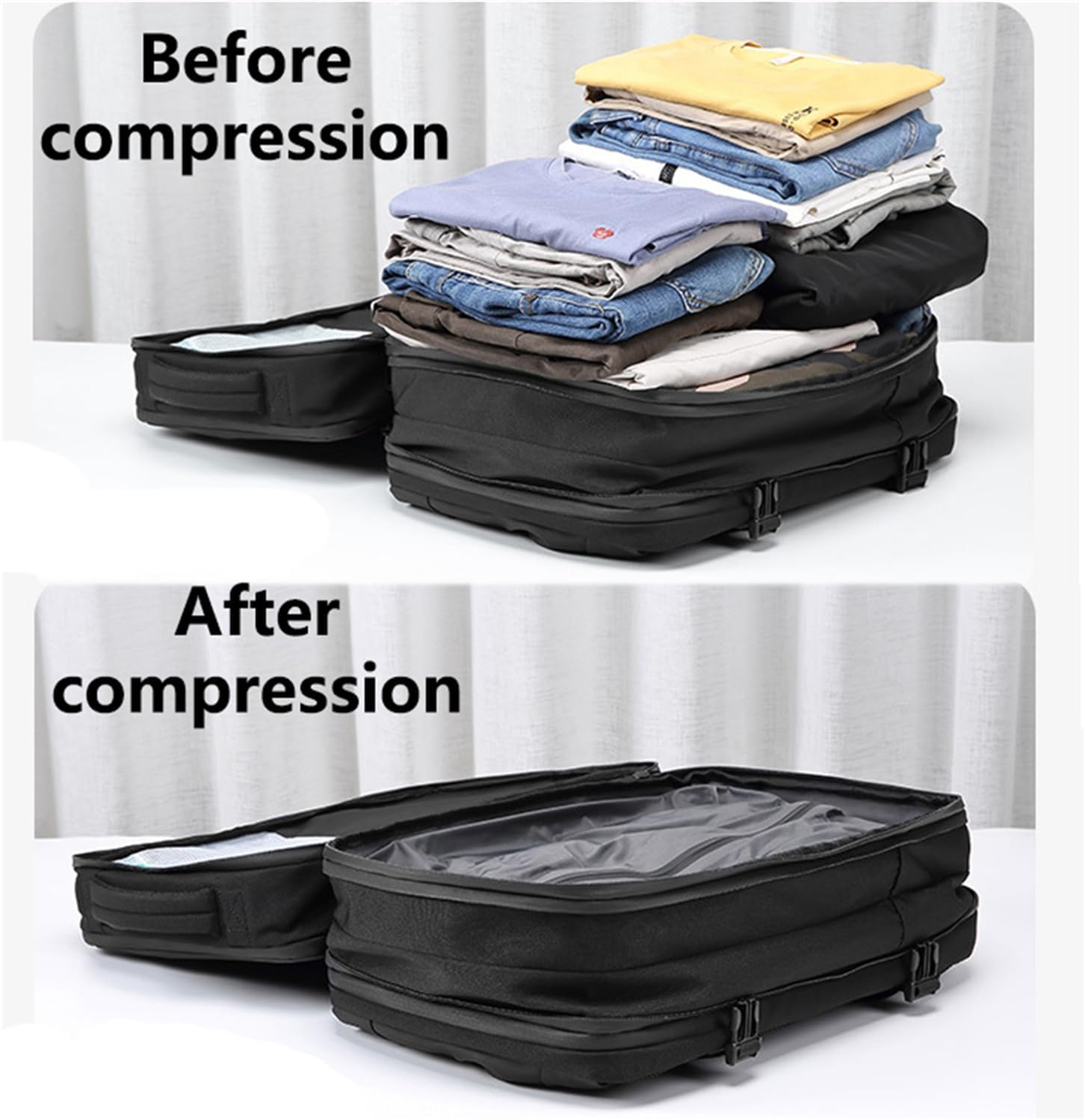 大型トラベルバックパックストレージ真空圧縮バッグ、ポンプ付き、19インチ 航空会社承認 拡張可能 シート下 機内持ち込み手荷物。