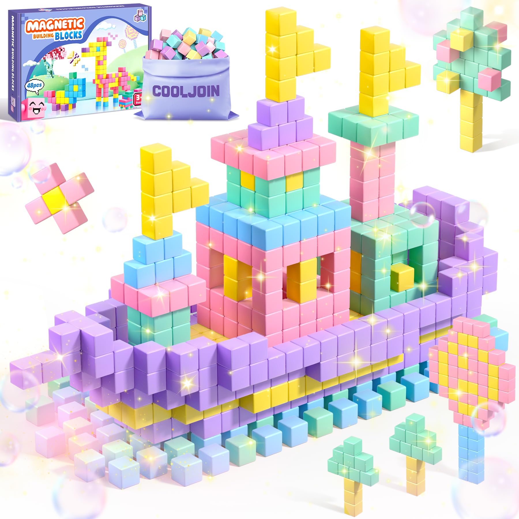 Magnetische Bausteine 48PCS Montessori Spielzeug ab 3 Jahre Kreatives Magnetspielzeug Set mit Aufbewahrungstasche
