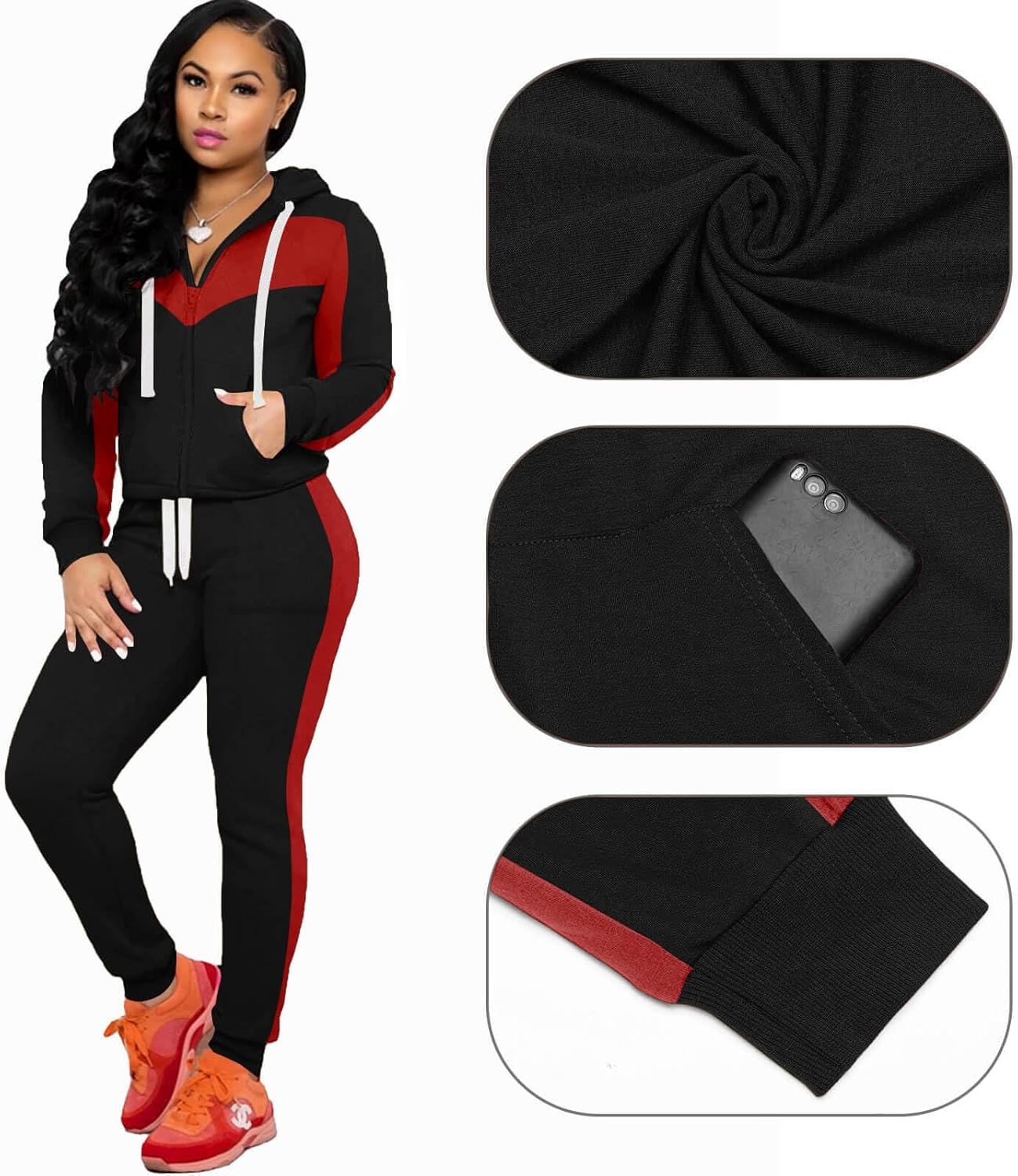 CLOCOR Track Suits for Women Set - Casual 2 Piece Outfits Sweatsuit Pocket Hoodies Long Sleeve with Patchwork Pants Set - Image 5