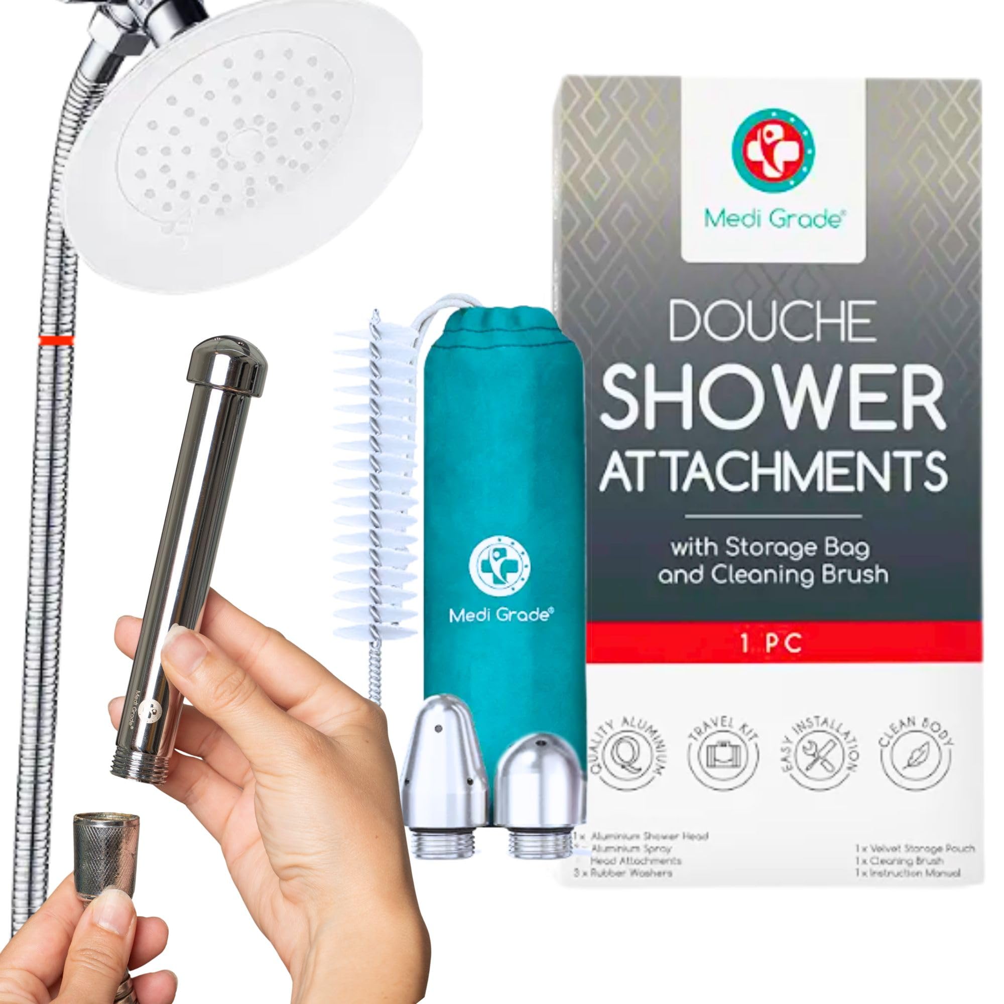 Medi Grade Shower Douche Kit for Men and Women - Comprehensive Aluminium Shower Enema Kit for Adults with 3 Shower Douche Nozzle Attachments, Cleaning Brush and Storage Bag - Anal Douche Shower Head