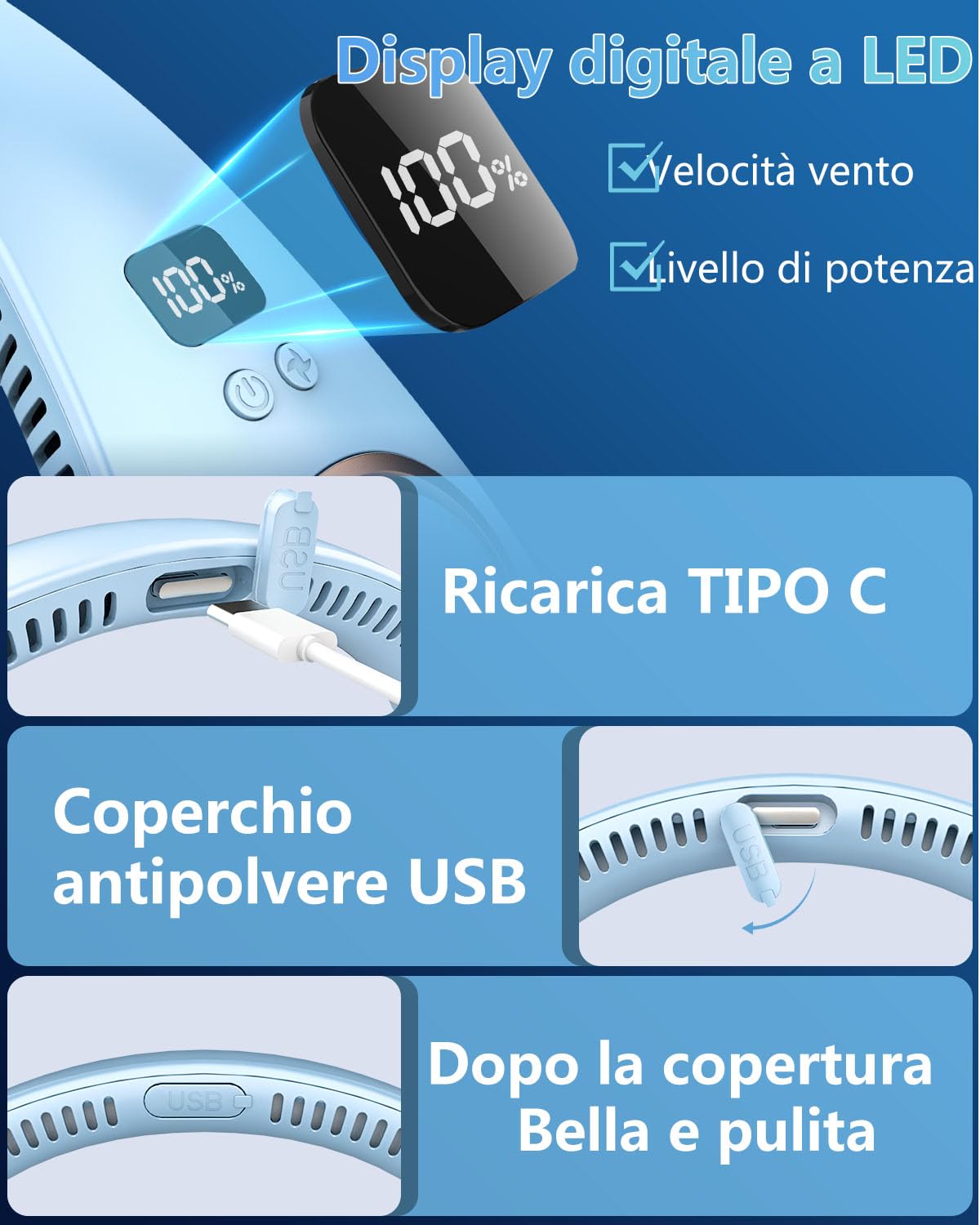 Ventilatore da Collo Aggiornato,Ventilatore da Collo Pieghevole Portatile Turboda 4 Velocità del Velocità,Ventilatore Portatile Regolabile,Ventilatori Personali Senza Lama USB Viaggi all'Aperto