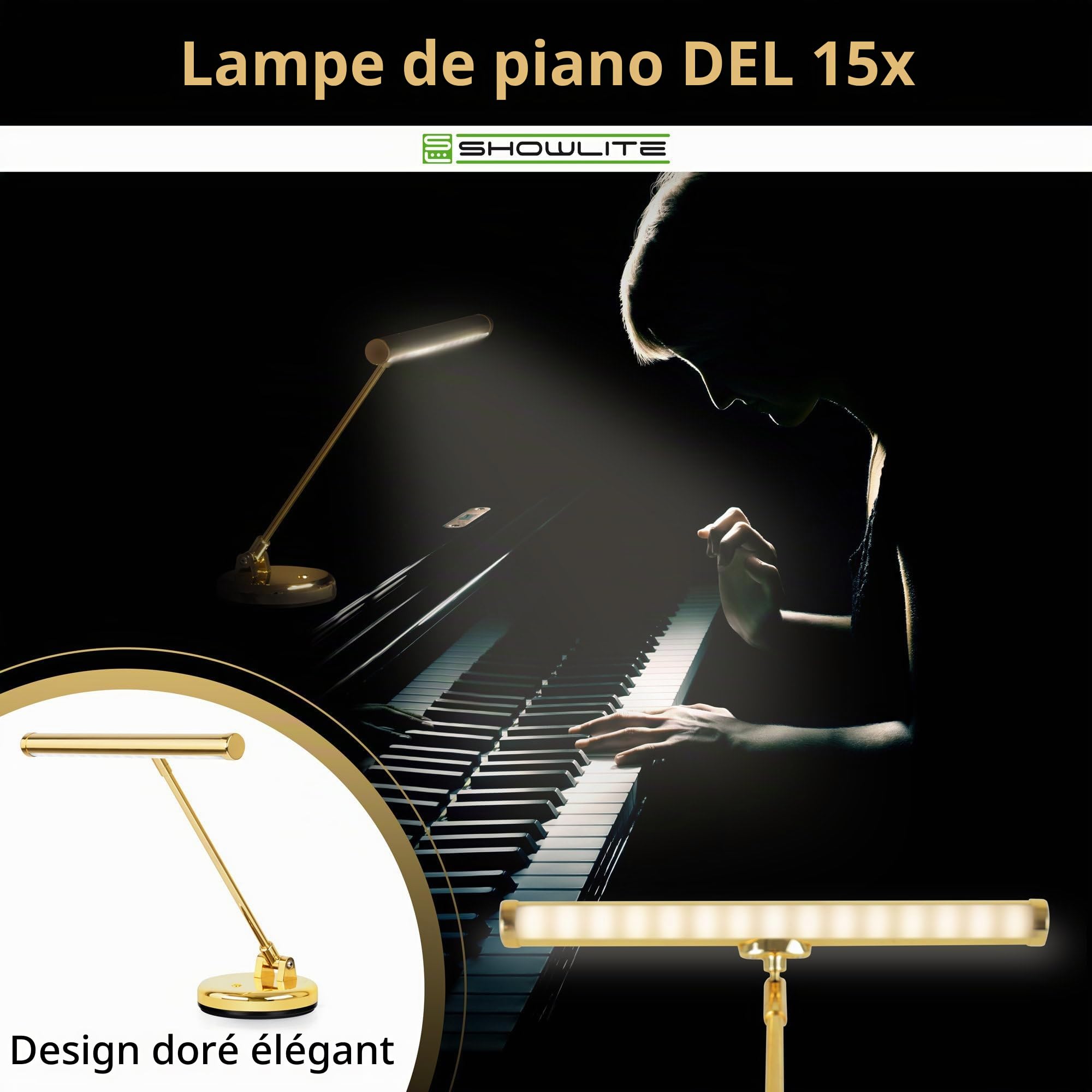 Showlite PL-1-GD-KW Lampe de Piano LED - Lampe de piano avec 15 LEDs - lumière blanc froid en 2 niveaux - hauteur 36 cm - alimentation par USB, secteur ou piles - or brillant