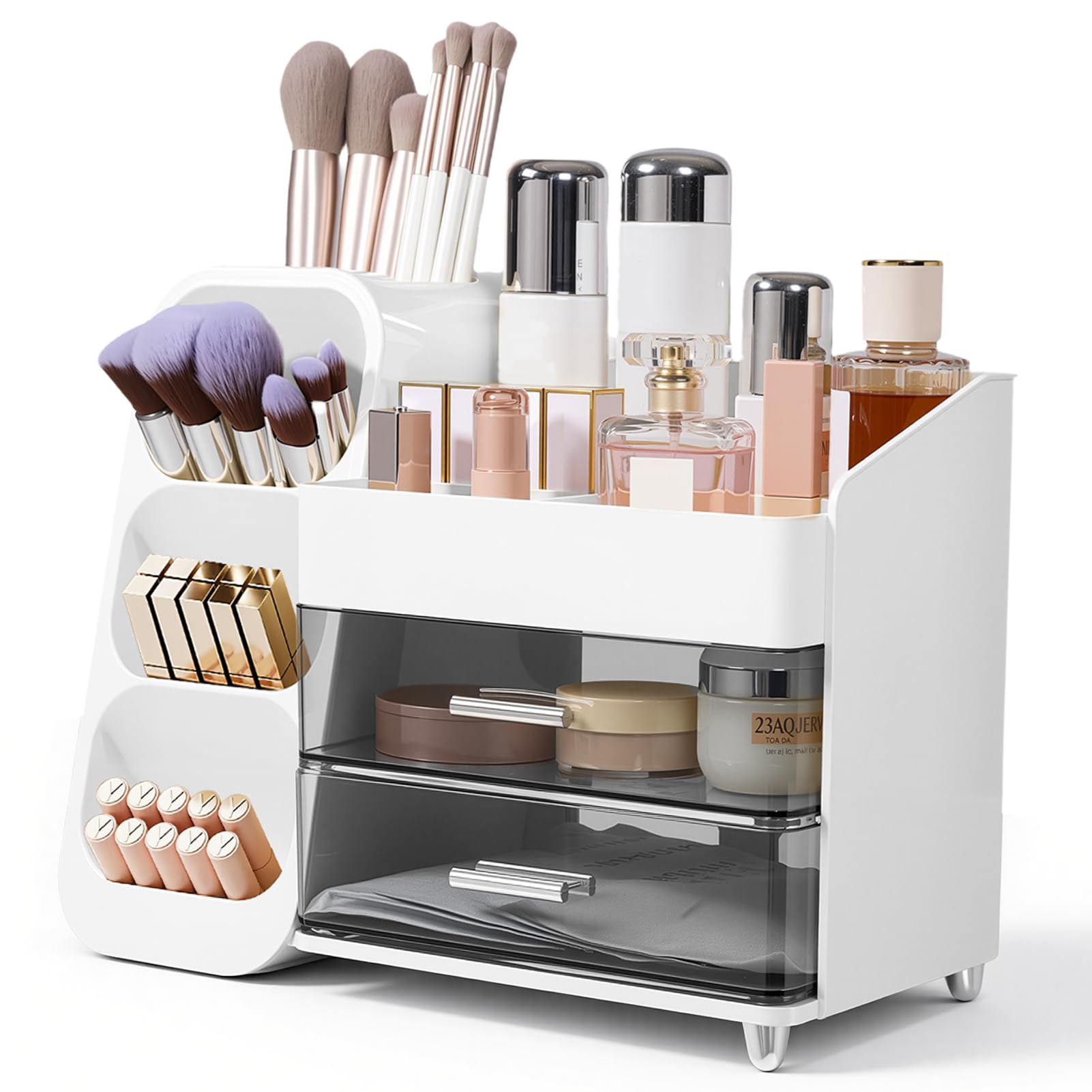 BTGGG Makeup Cosmetic Storage Box with Drawers & Makeup Brush Holder, Premium Countertop Organiser for Skincare, Lipstick, Beauty Products & Jewelry for Bathroom Bedroom Birthday Gift (White)