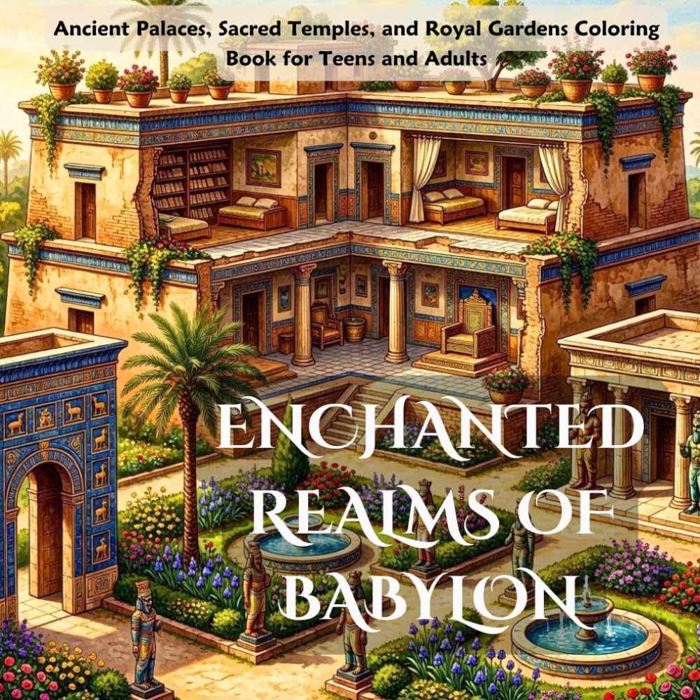 Enchanted Realms of Babylon: Ancient Palaces, Sacred Temples, and Royal Gardens: An Adult Coloring Book Featuring Throne Rooms, Hidden Libraries, and Mystic Architecture for Teens and Adults