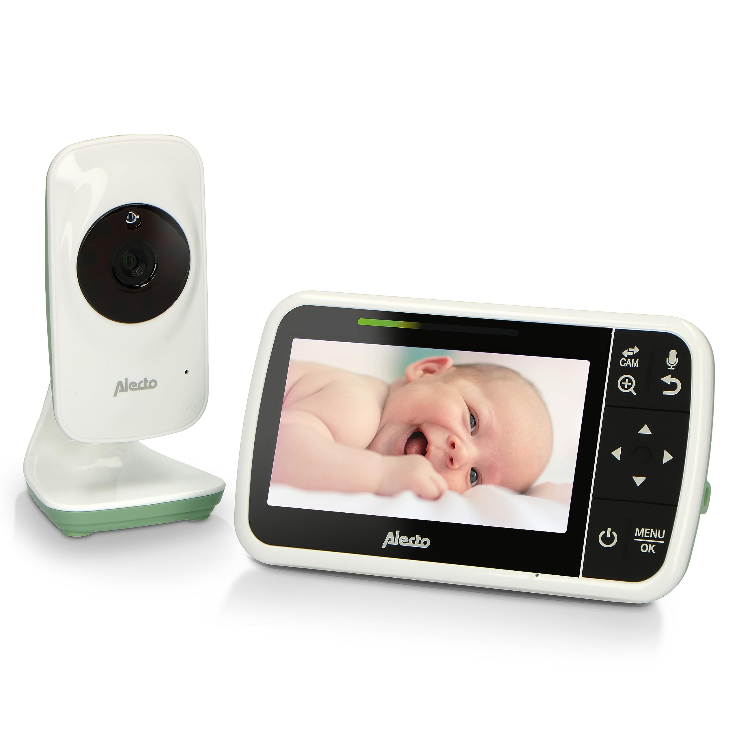 Alecto DVM149GN - Vigilabebés con cámara y Pantalla a Color de 4,3" - Vigilabebés con cámara de vídeo orientable, visión Nocturna, intercomunicación, Alcance de Altura - Blanco/Verde