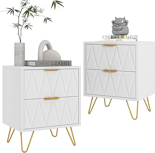 Miniatura 8 de Juego de 2 mesitas de noche negras, mesa de noche moderna con 2 cajones de almacenamiento, mesa auxiliar de madera con patas doradas para dormitorio