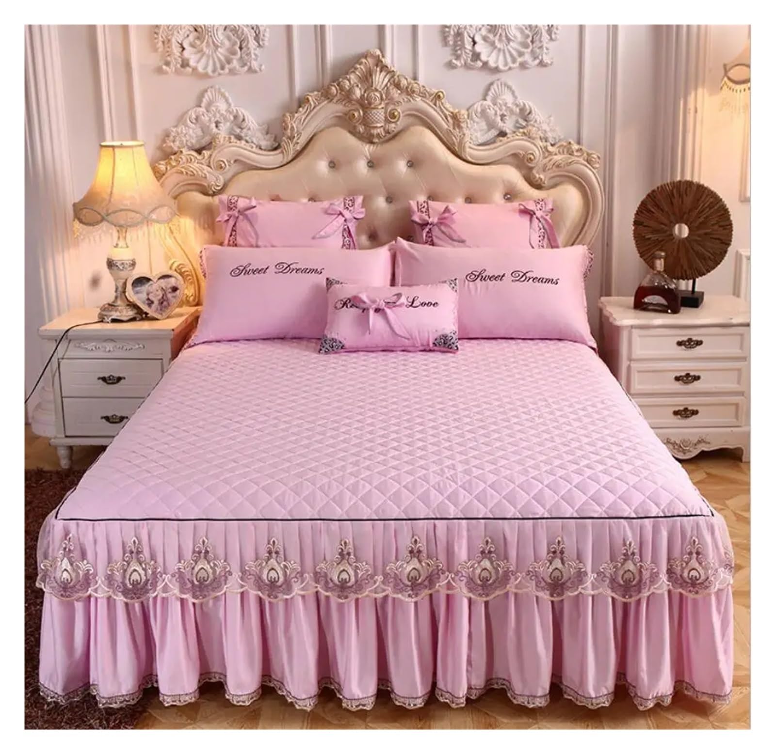 Lace Embroidered Bedding Bed Skirt With Cotton Quilted Bedspread On The Bed Solid Color Mattress Cover Sheet Pillowcase(Pink A,3pcs design 180x220)