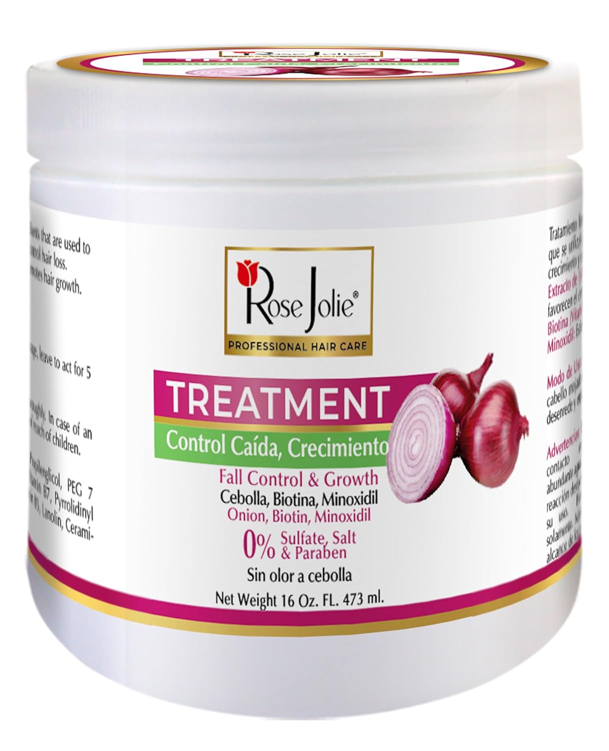 Rose Jolie Onion & Biotin Hair Treatment | Hair Fall Control & Growth Support | Deep Repair for Dry or Damaged Hair | Sulfate-Free, Salt-Free, Paraben-Free | No Onion Smell | 16 fl oz