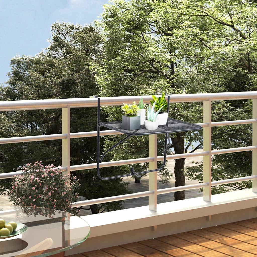 Wakects Table Suspendue pour Balcon Exterieur - 60 x 40 cm - Table de Pont Pliante - Résistante aux intempéries - Noire - Table de Balcon Rabattable Petite en Acier - Design grillagé - pour extérieur