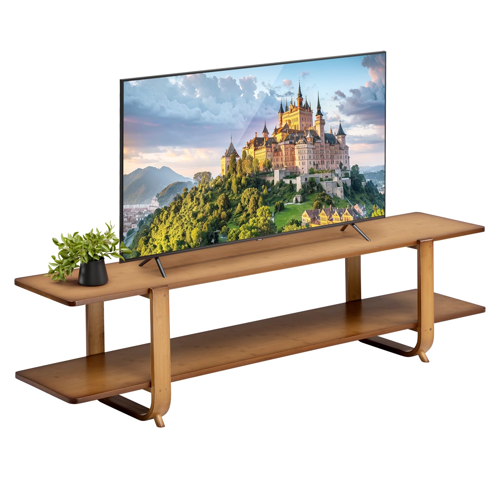 HollyHOME Mueble TV 140cm Mesa TV Salon Muebles de Salon 2 Niveles, Mueble TV Bambú Soporte para Centro de Entretenimiento, Natural-B