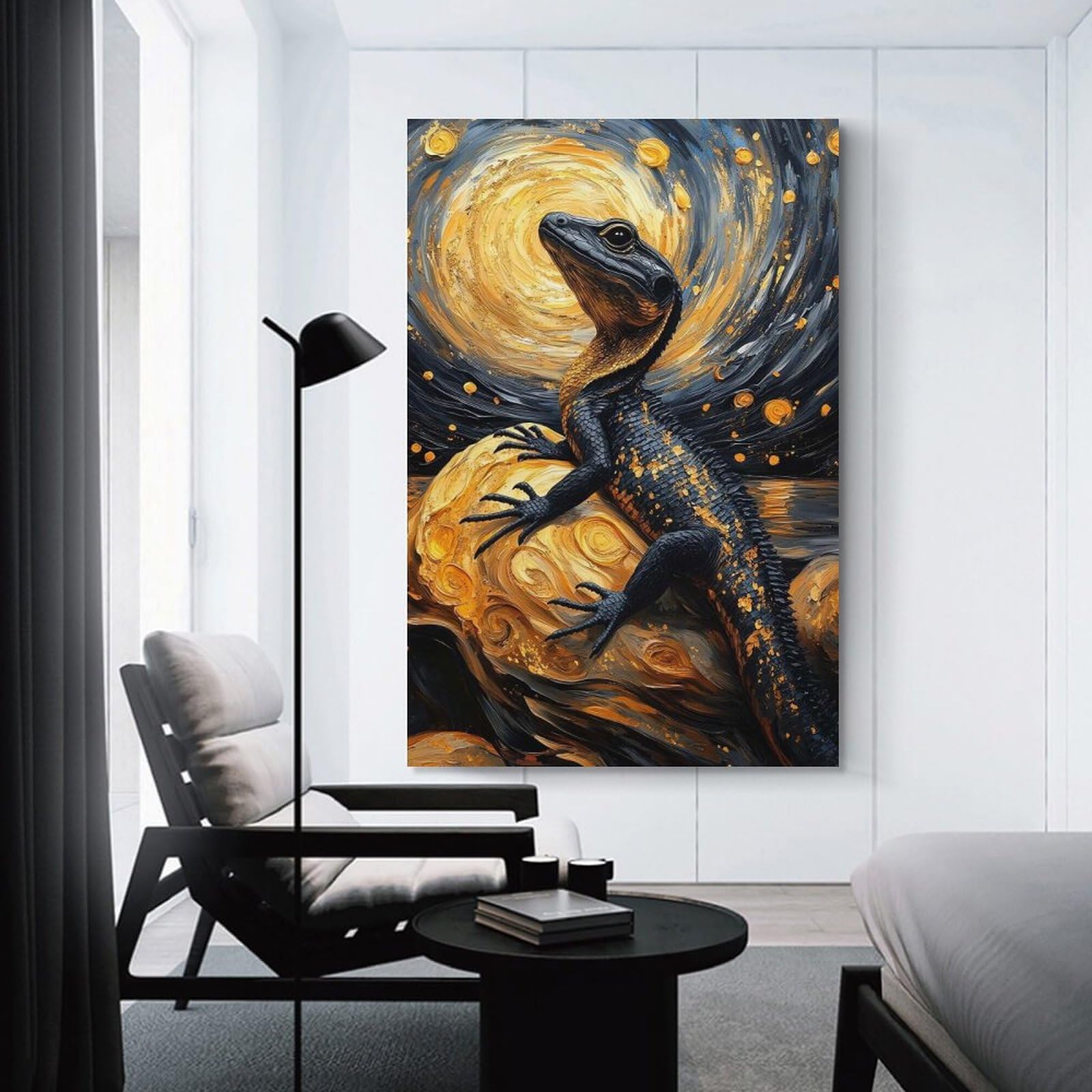 Junmoney Unframe-Style-11 Lizard On Golden Rock, Starry Night Wall Picture Print 24X36inch(60X90cm), For Calm Bedrooms, Home Corners Or Flats, Home Artwork With A Soft Interior Feel