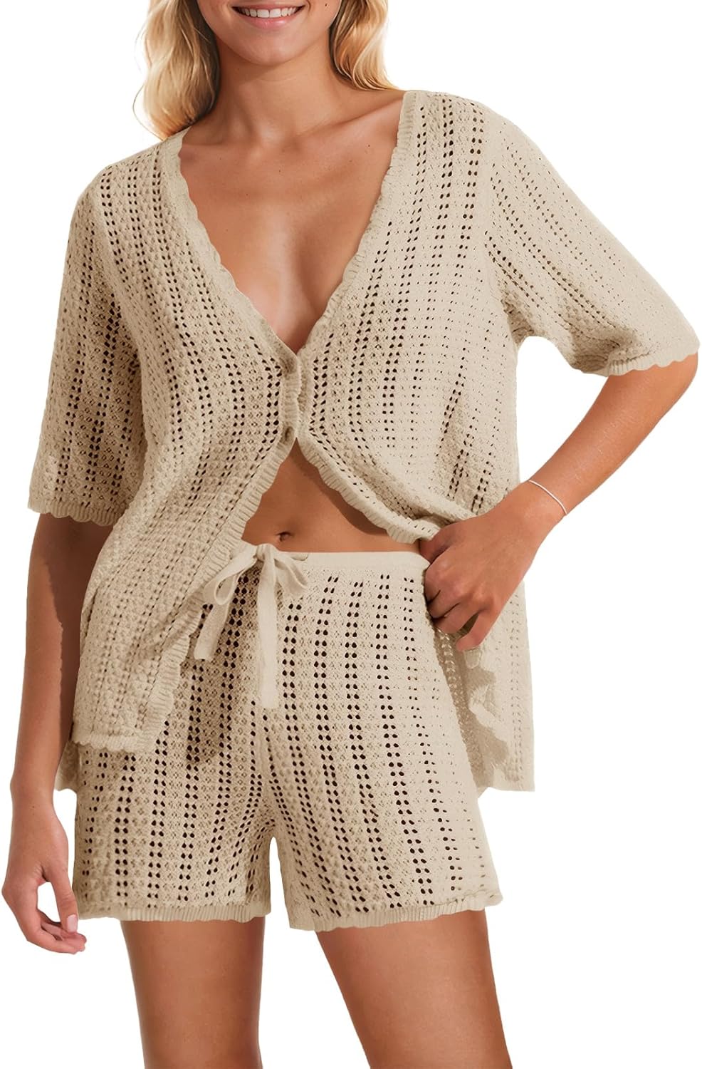 Saodimallsu Women Crochet 2 Piece Swimsuit Cover Up Short Sleeve Knit Tops Shorts Sets Summer Beach Vacation Outfit